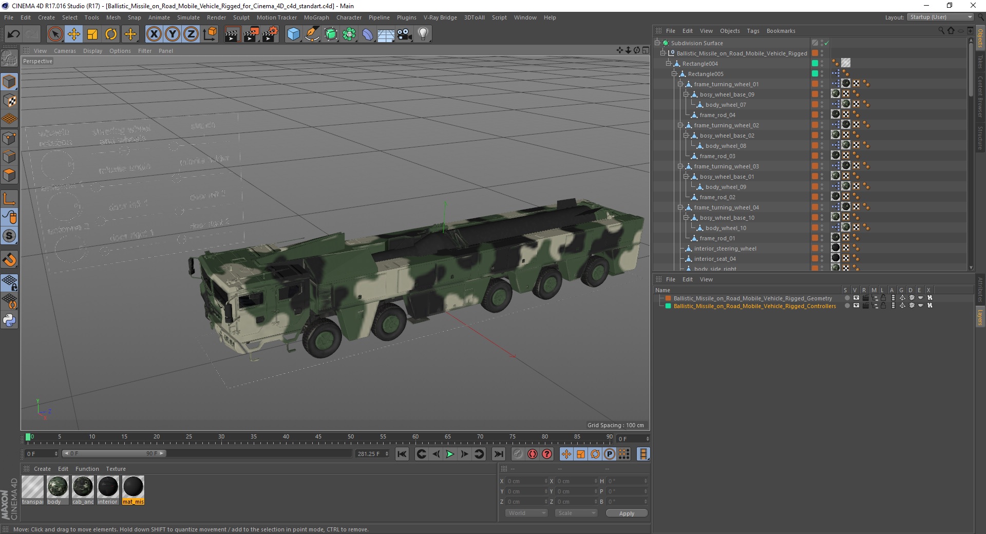 3D Ballistic Missile on Road Mobile Vehicle Rigged for Cinema 4D