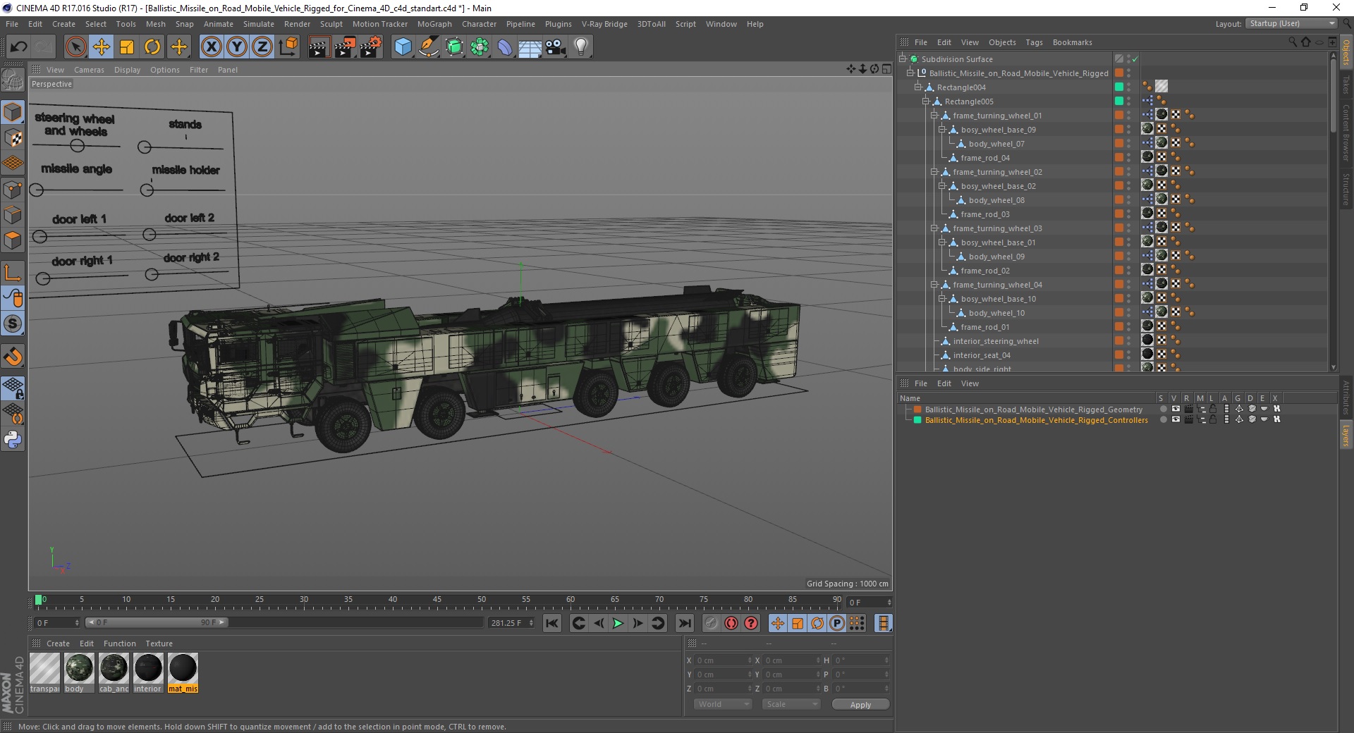 3D Ballistic Missile on Road Mobile Vehicle Rigged for Cinema 4D