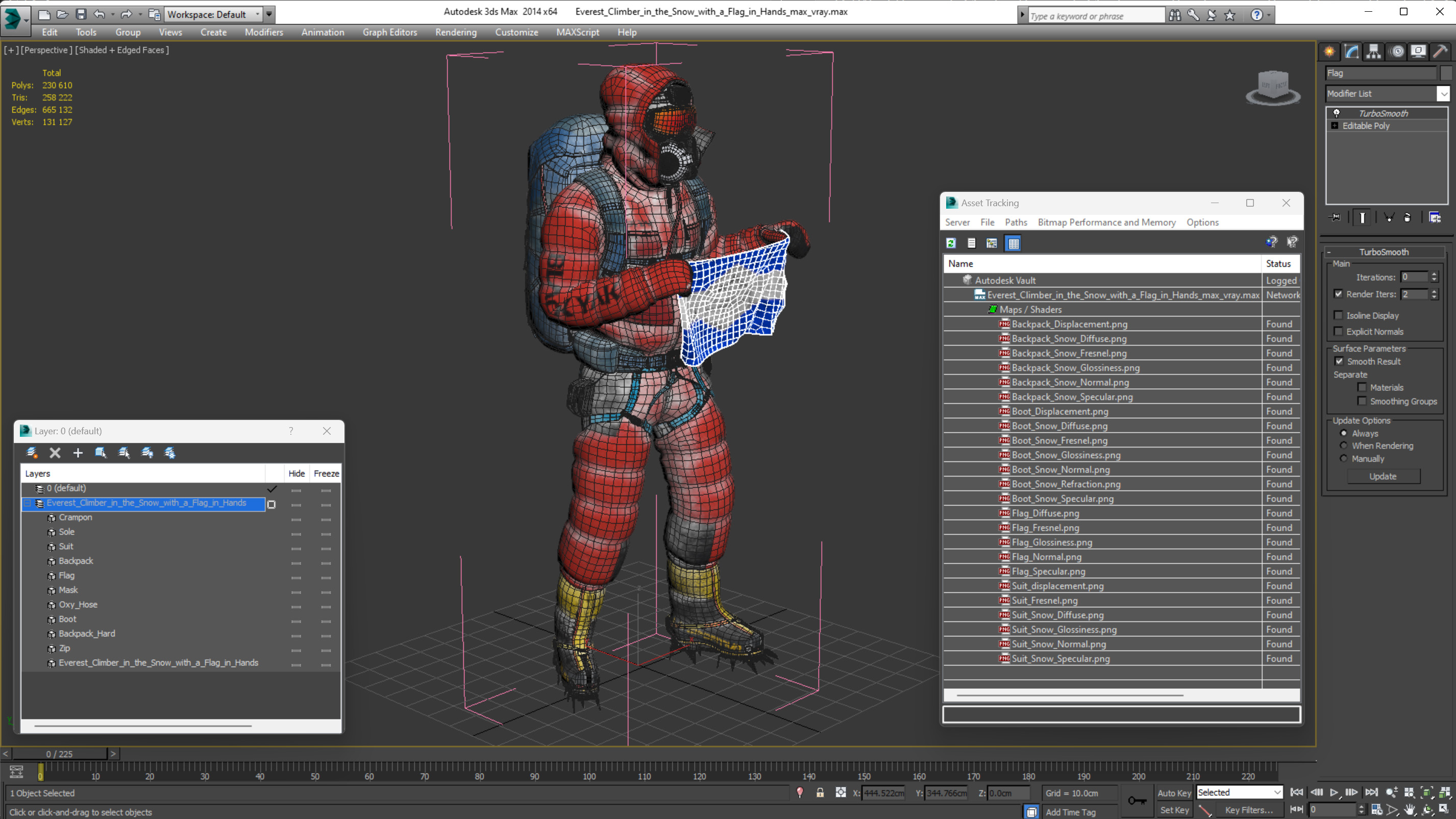 3D Everest Climber in the Snow with a Flag in Hands model