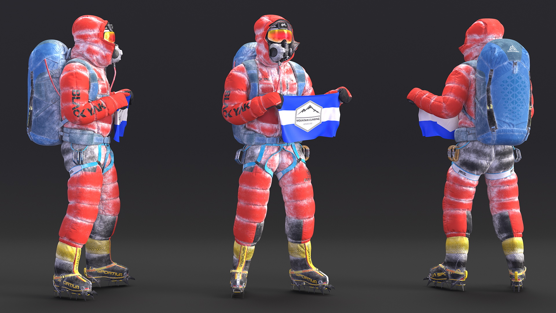3D Everest Climber in the Snow with a Flag in Hands model