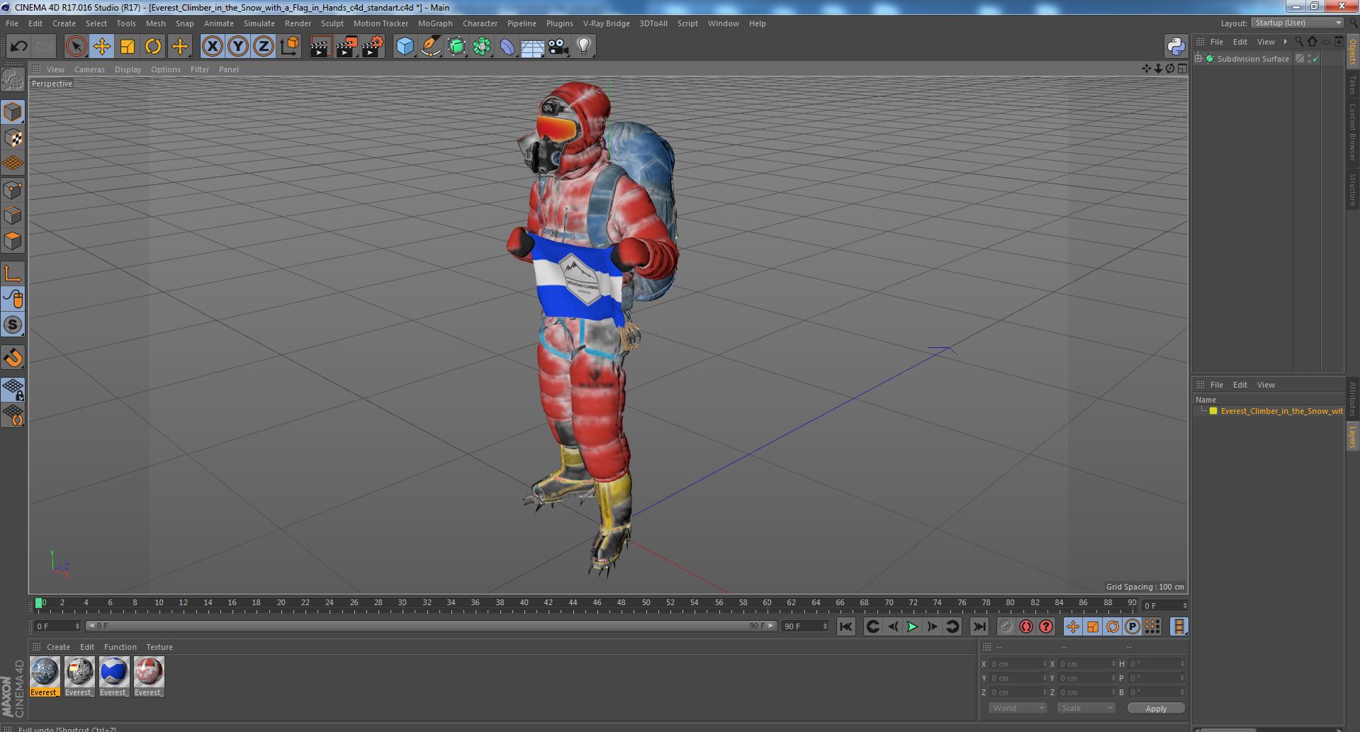3D Everest Climber in the Snow with a Flag in Hands model