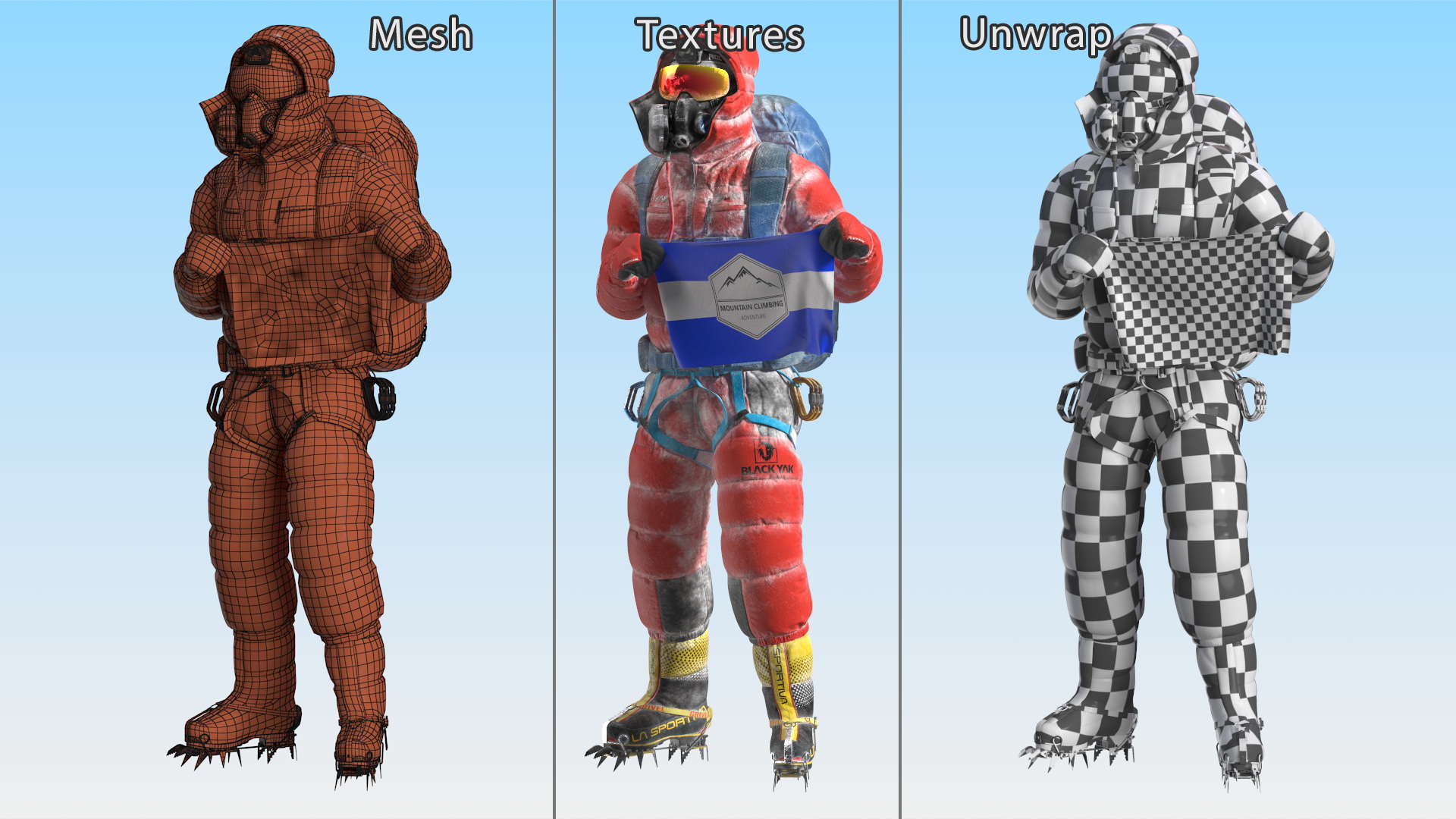 3D Everest Climber in the Snow with a Flag in Hands model