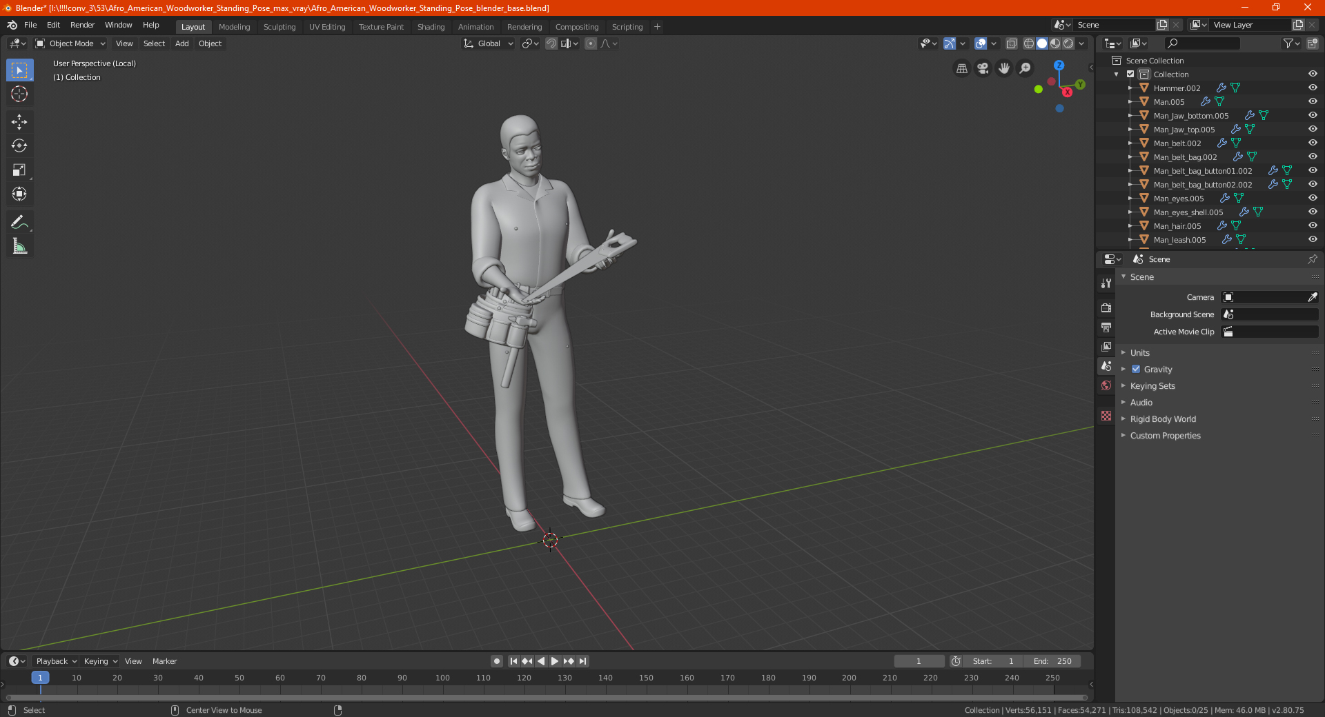 3D Afro American Woodworker Standing Pose model