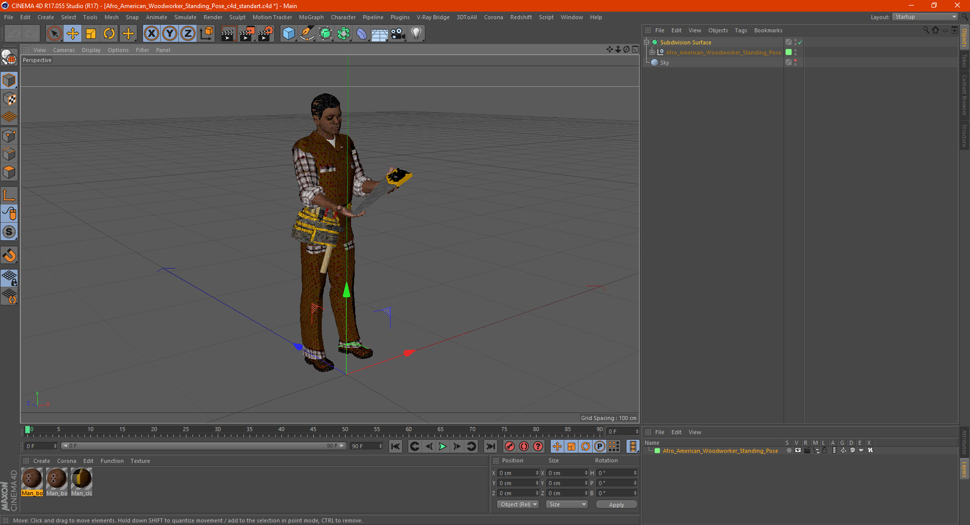 3D Afro American Woodworker Standing Pose model