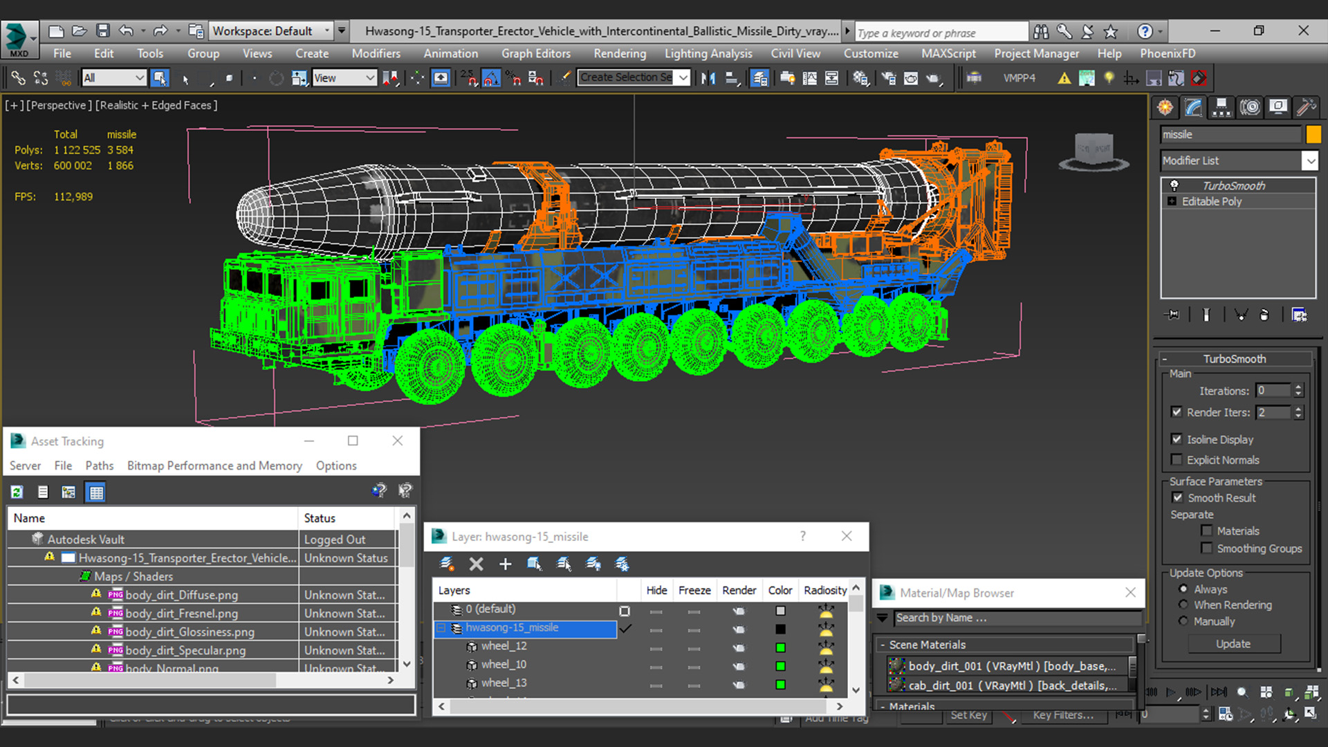 Hwasong-15 Transporter Erector Vehicle with Intercontinental Ballistic Missile Dirty 3D model