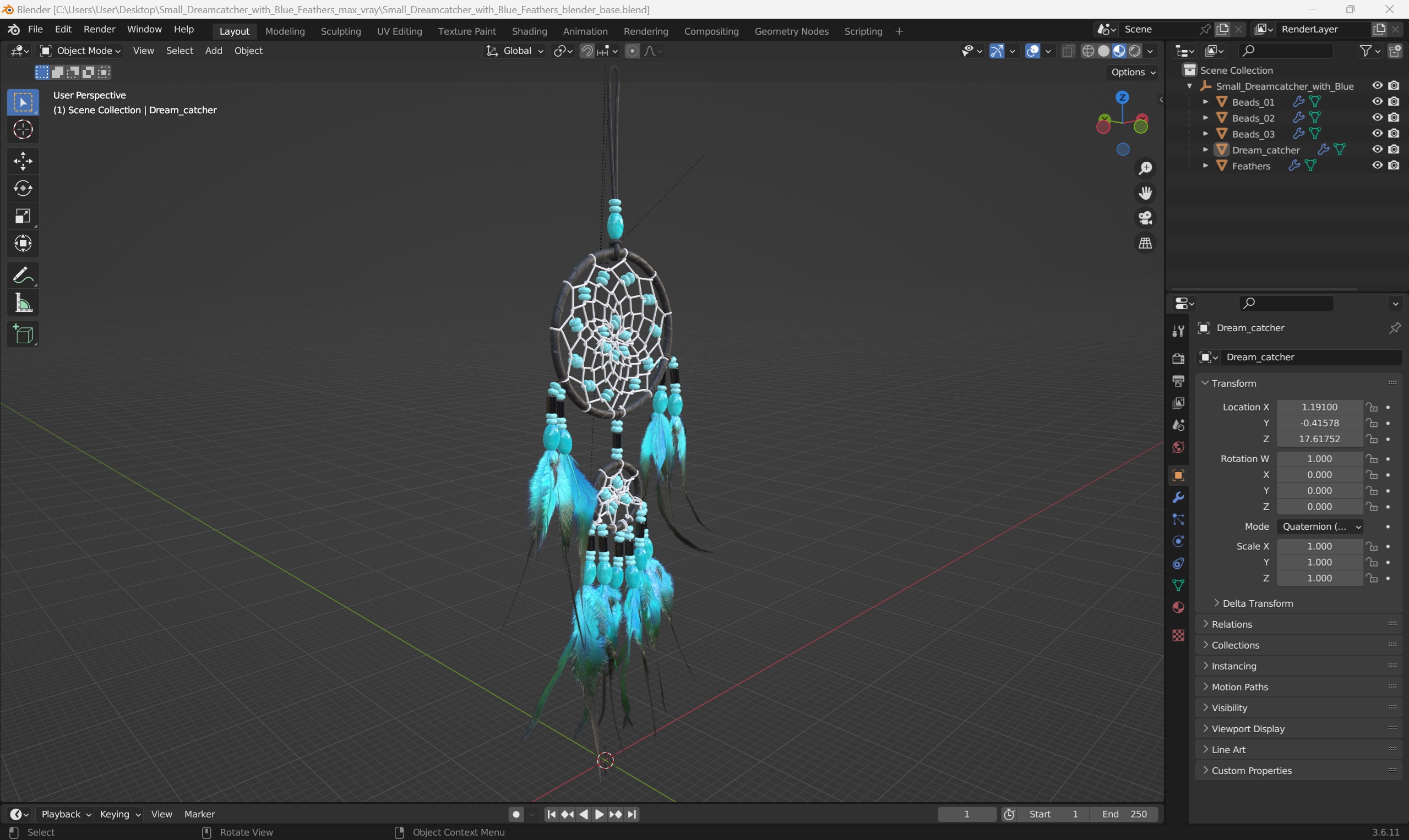Small Dreamcatcher with Blue Feathers 3D