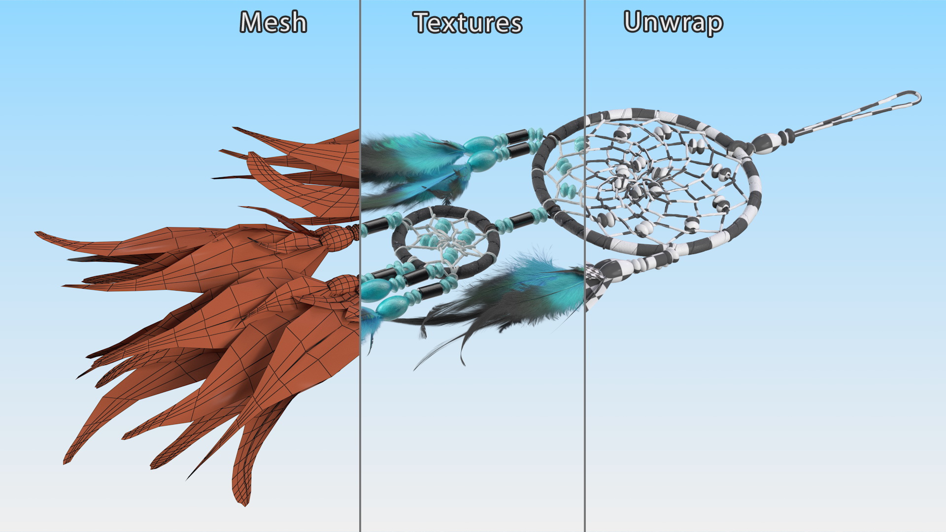 Small Dreamcatcher with Blue Feathers 3D
