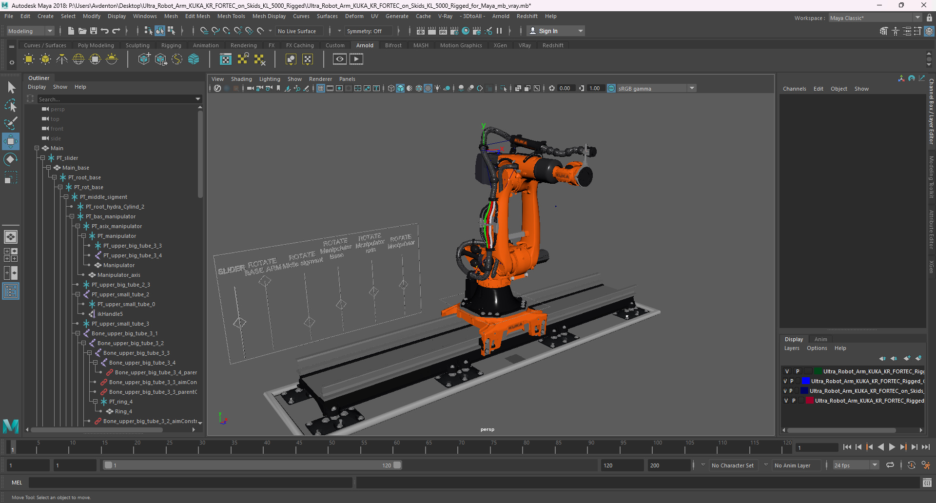 3D Ultra Robot Arm KUKA KR FORTEC On Skids KL 5000 Rigged for Maya model