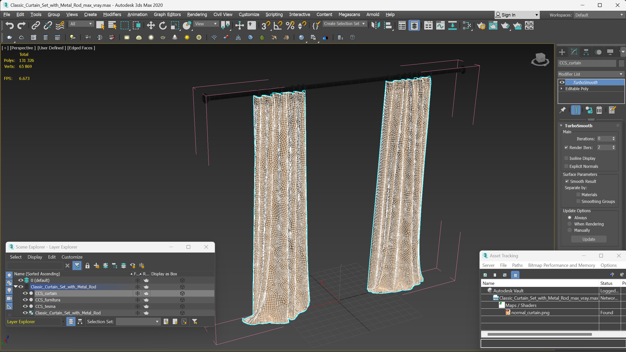 Classic Curtain Set with Metal Rod 3D model