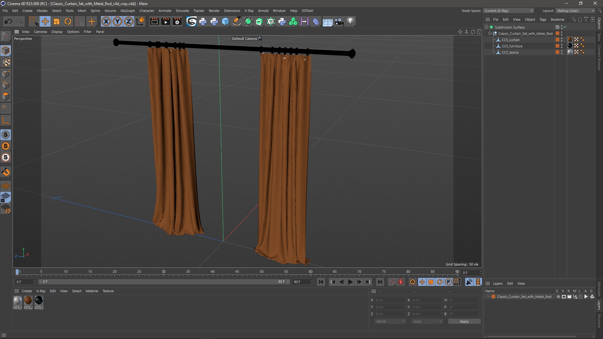 Classic Curtain Set with Metal Rod 3D model