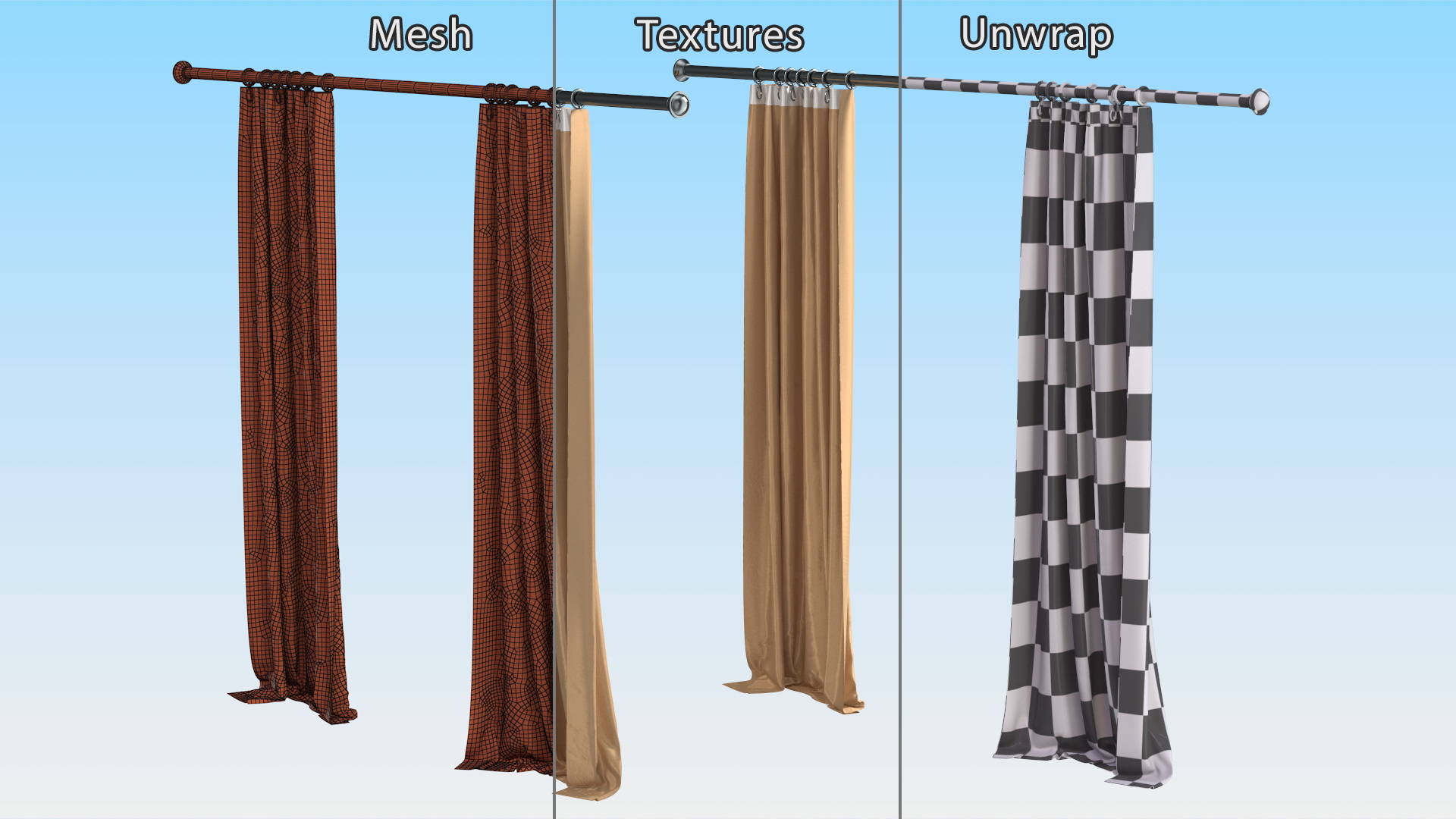Classic Curtain Set with Metal Rod 3D model