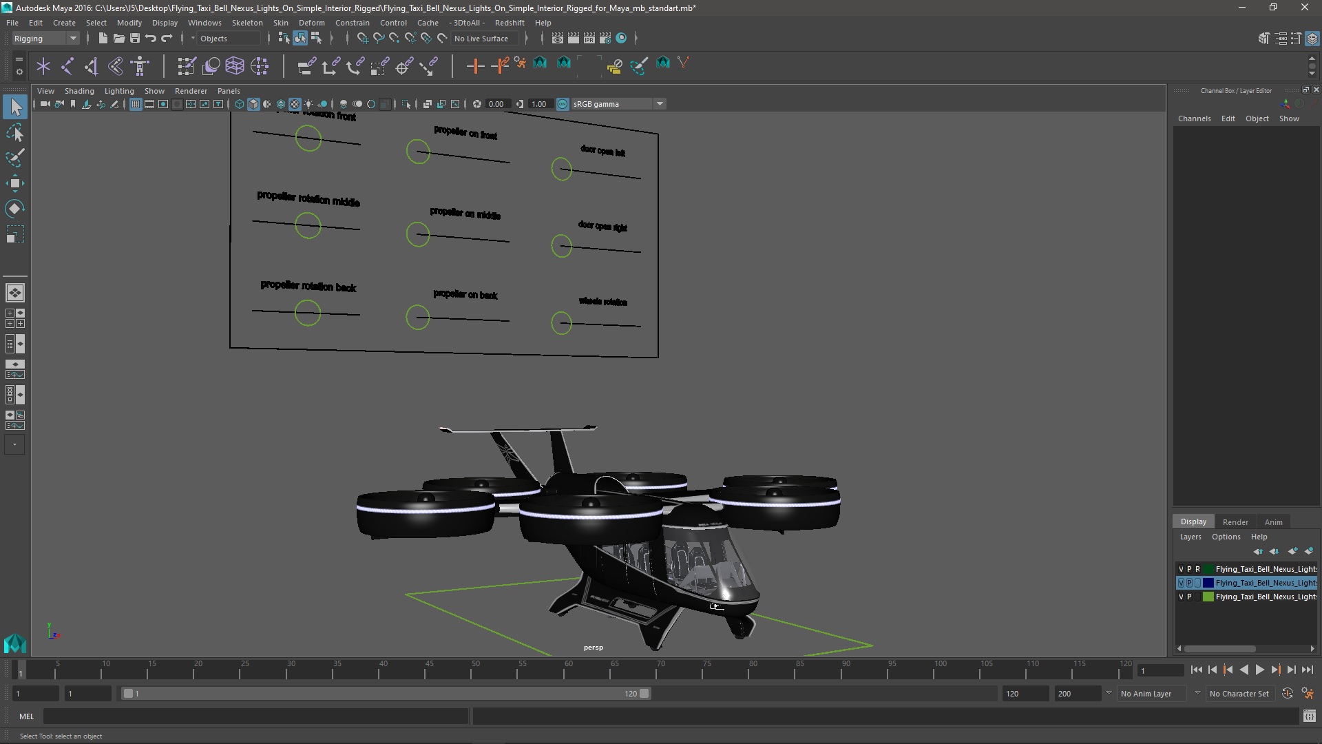 Flying Taxi Bell Nexus Lights On Simple Interior Rigged for Maya 3D model