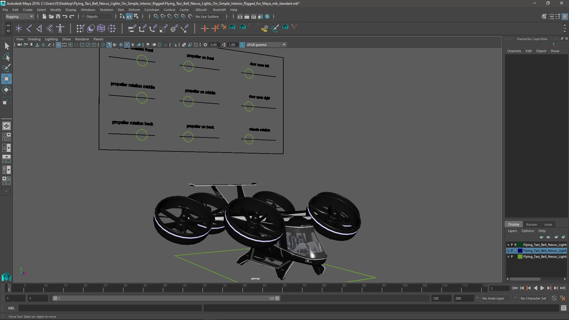Flying Taxi Bell Nexus Lights On Simple Interior Rigged for Maya 3D model