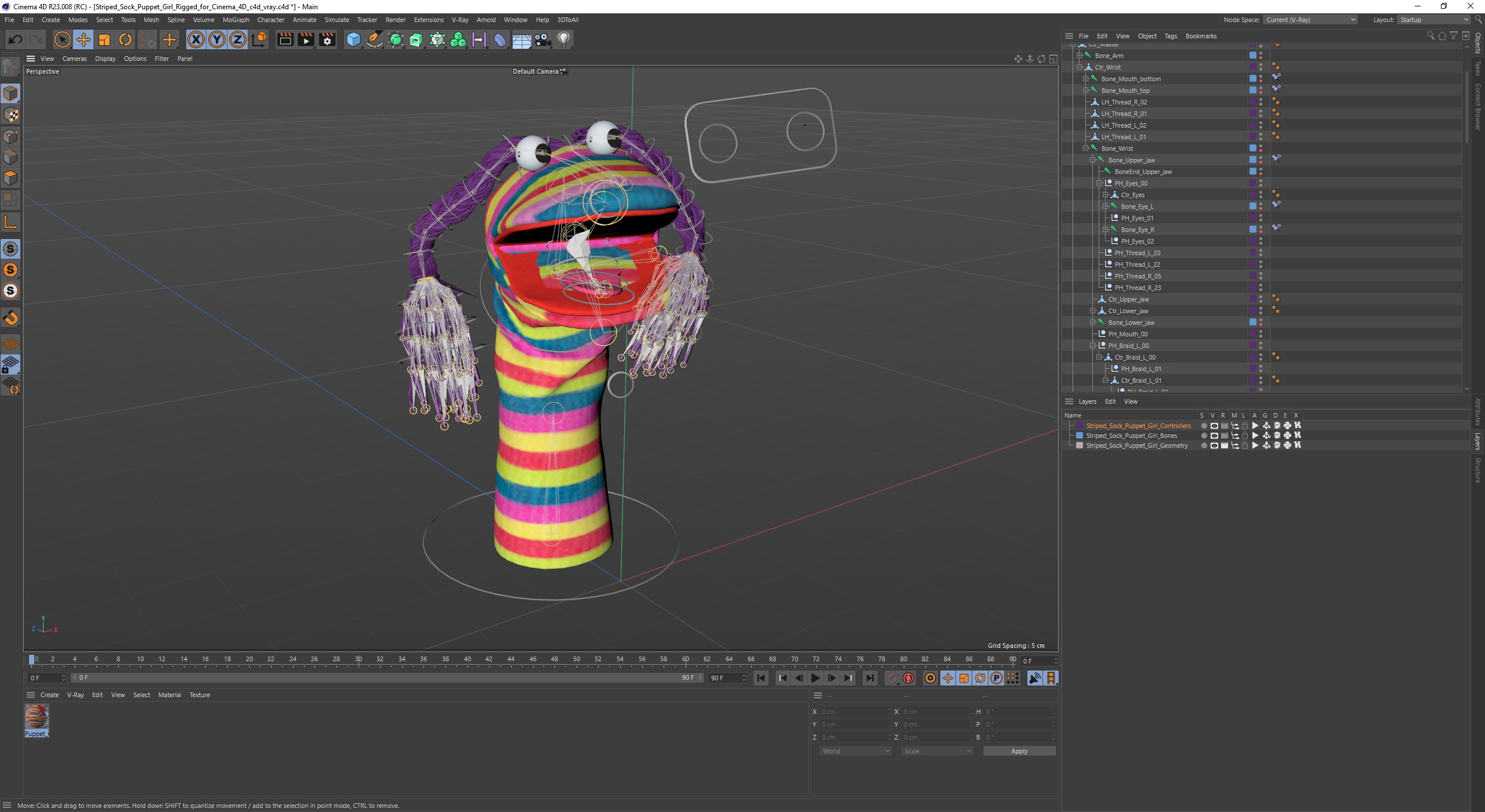 3D model Striped Sock Puppet Girl Rigged for Cinema 4D