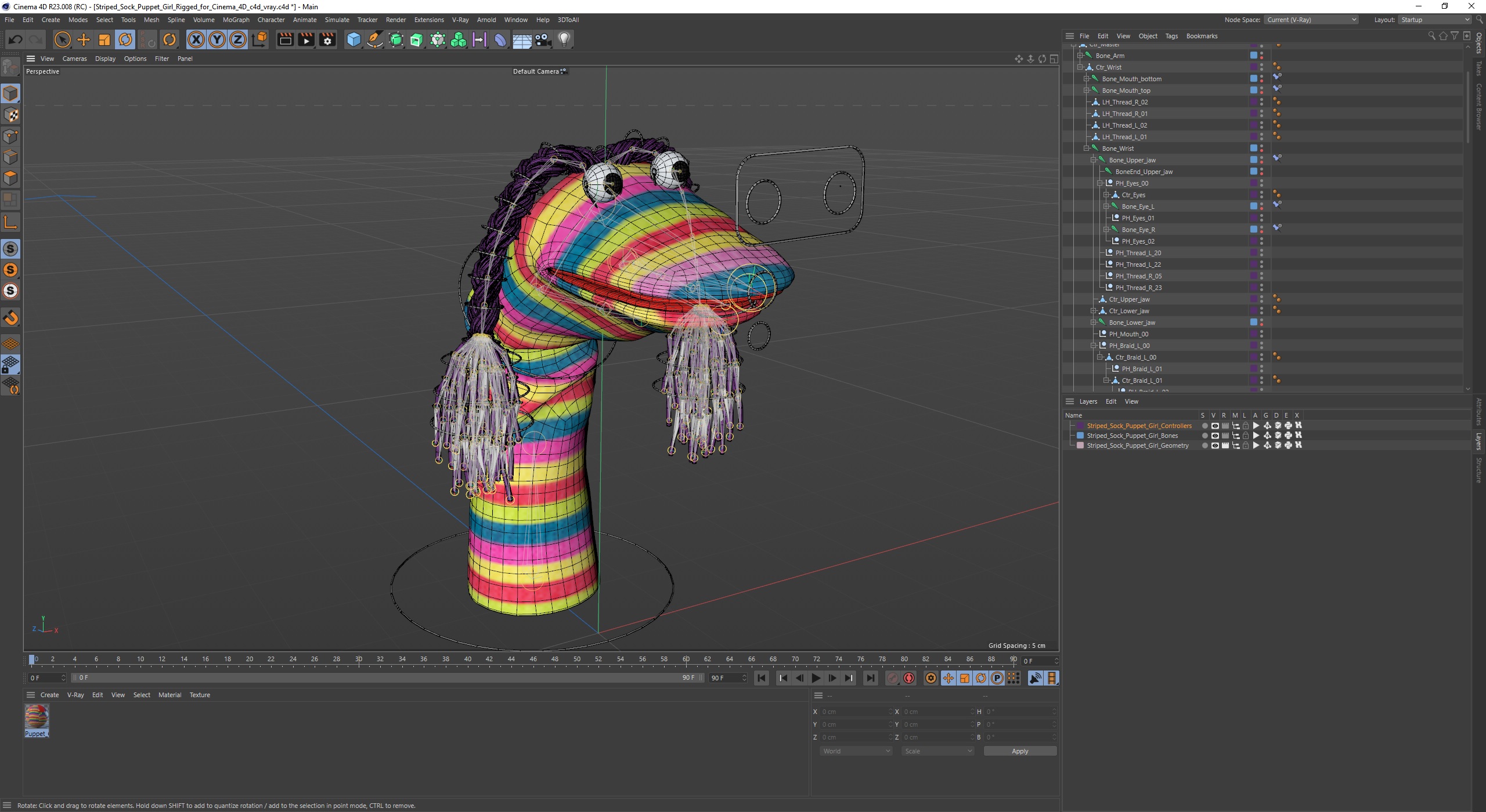 3D model Striped Sock Puppet Girl Rigged for Cinema 4D