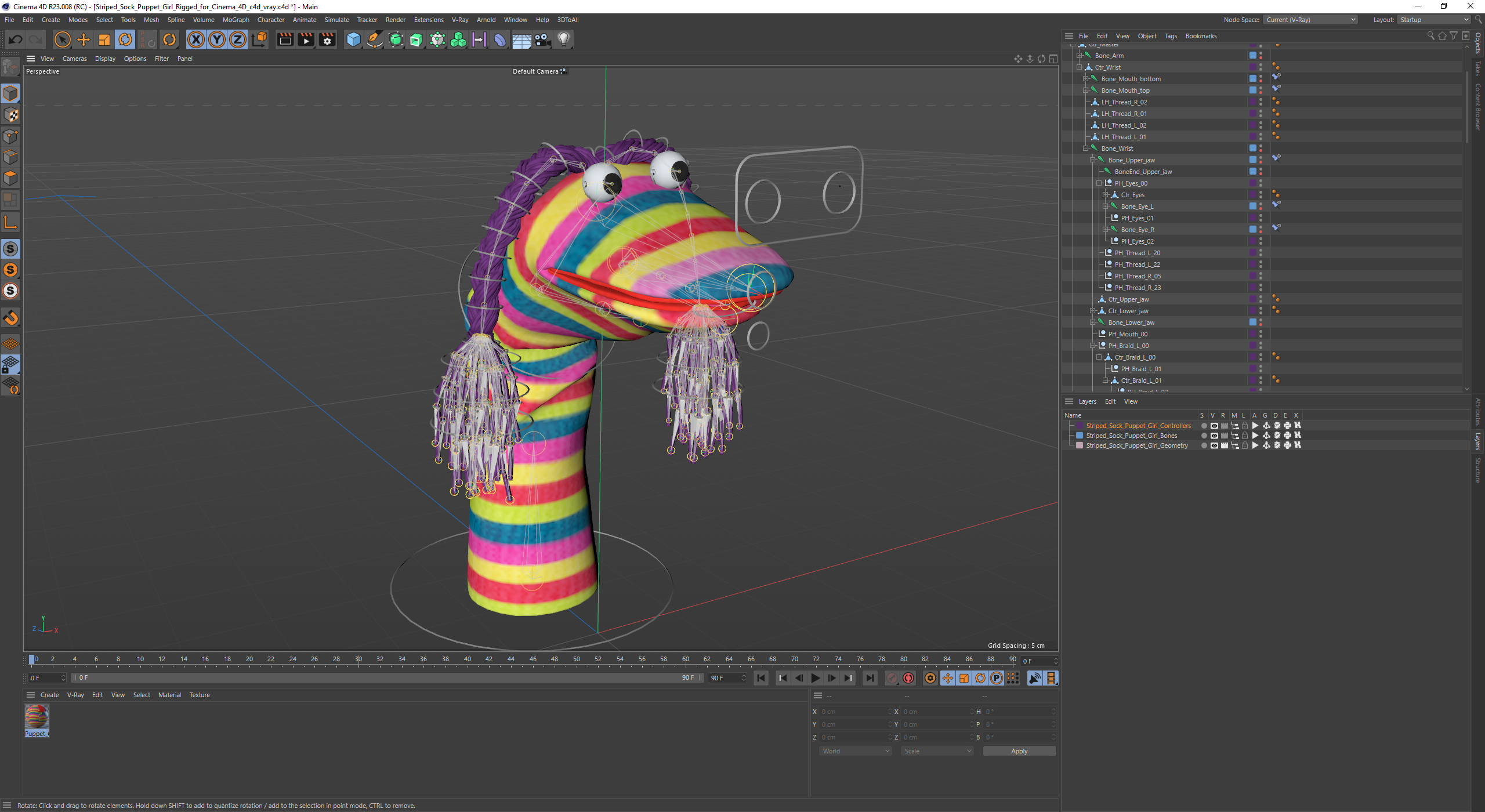 3D model Striped Sock Puppet Girl Rigged for Cinema 4D