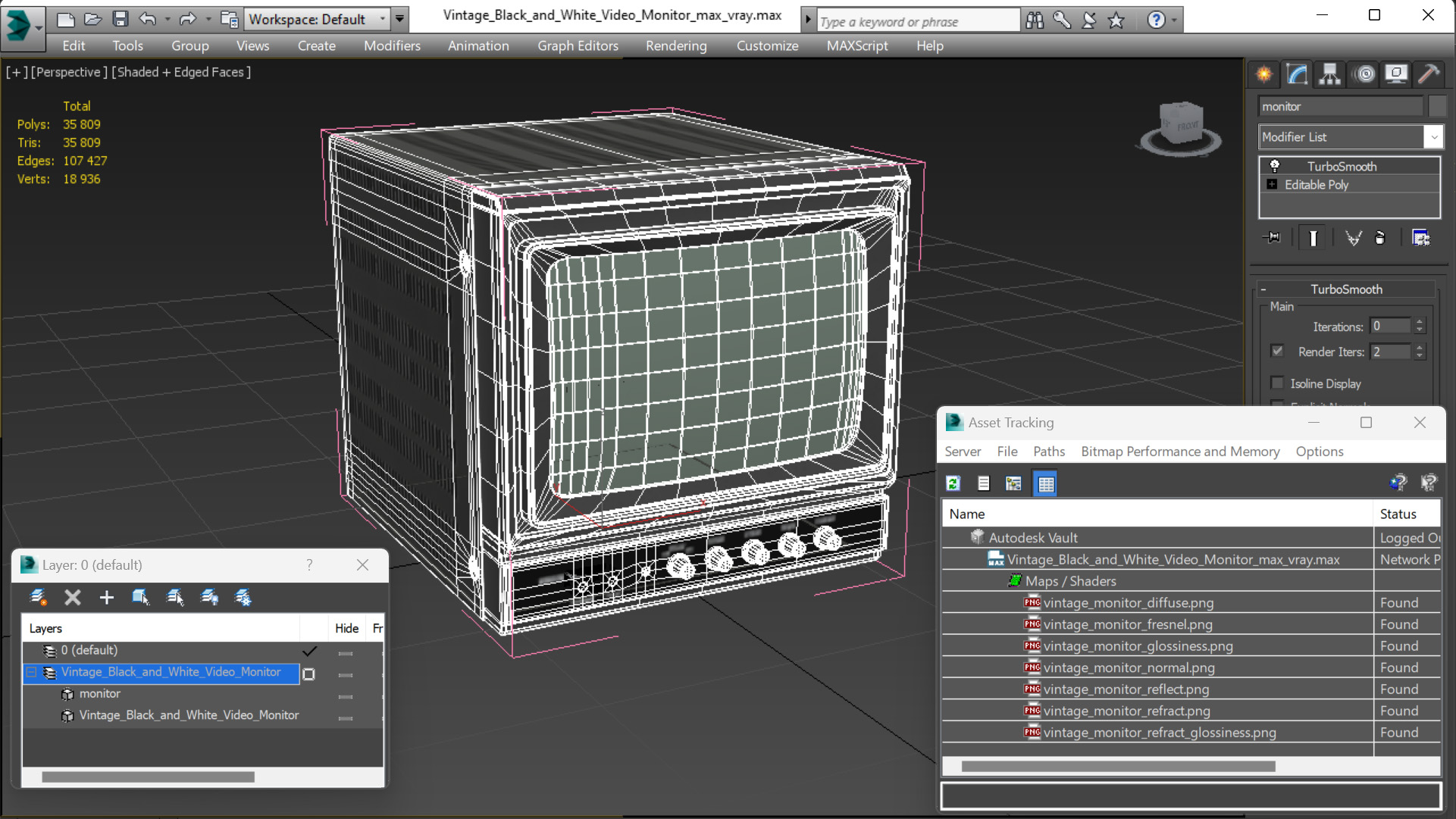 Vintage Black And White Video Monitor 3D
