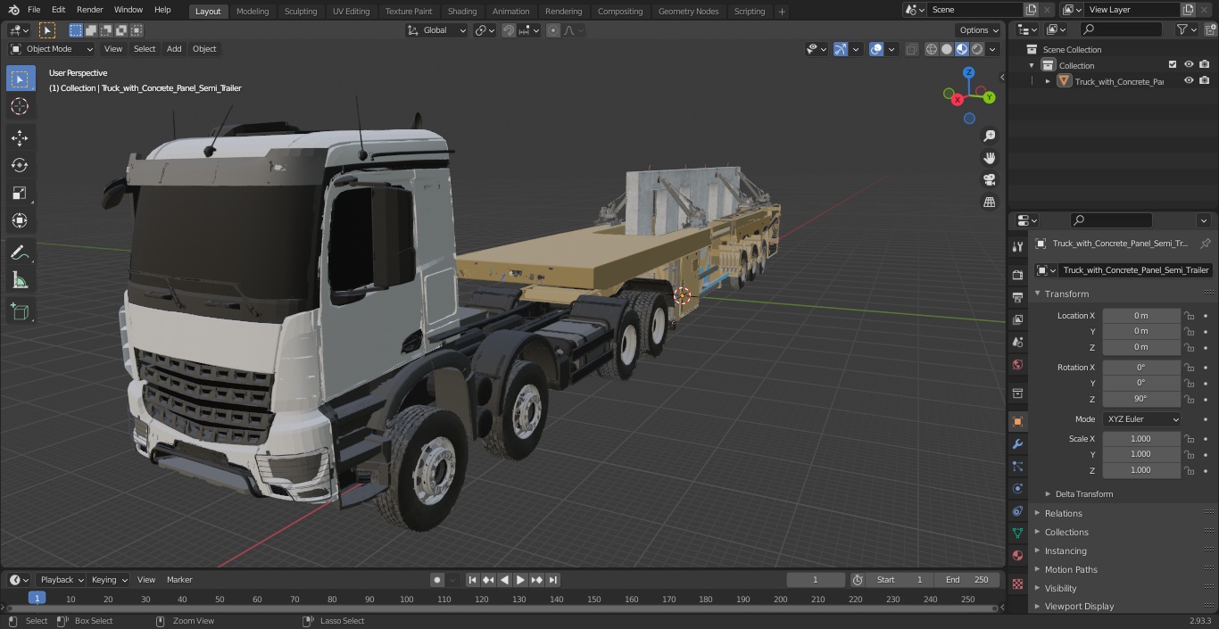 3D Truck with Concrete Panel Semi Trailer model