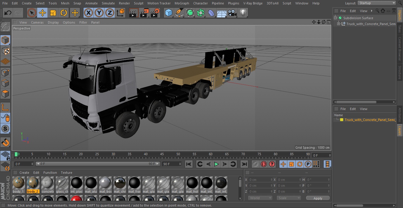 3D Truck with Concrete Panel Semi Trailer model