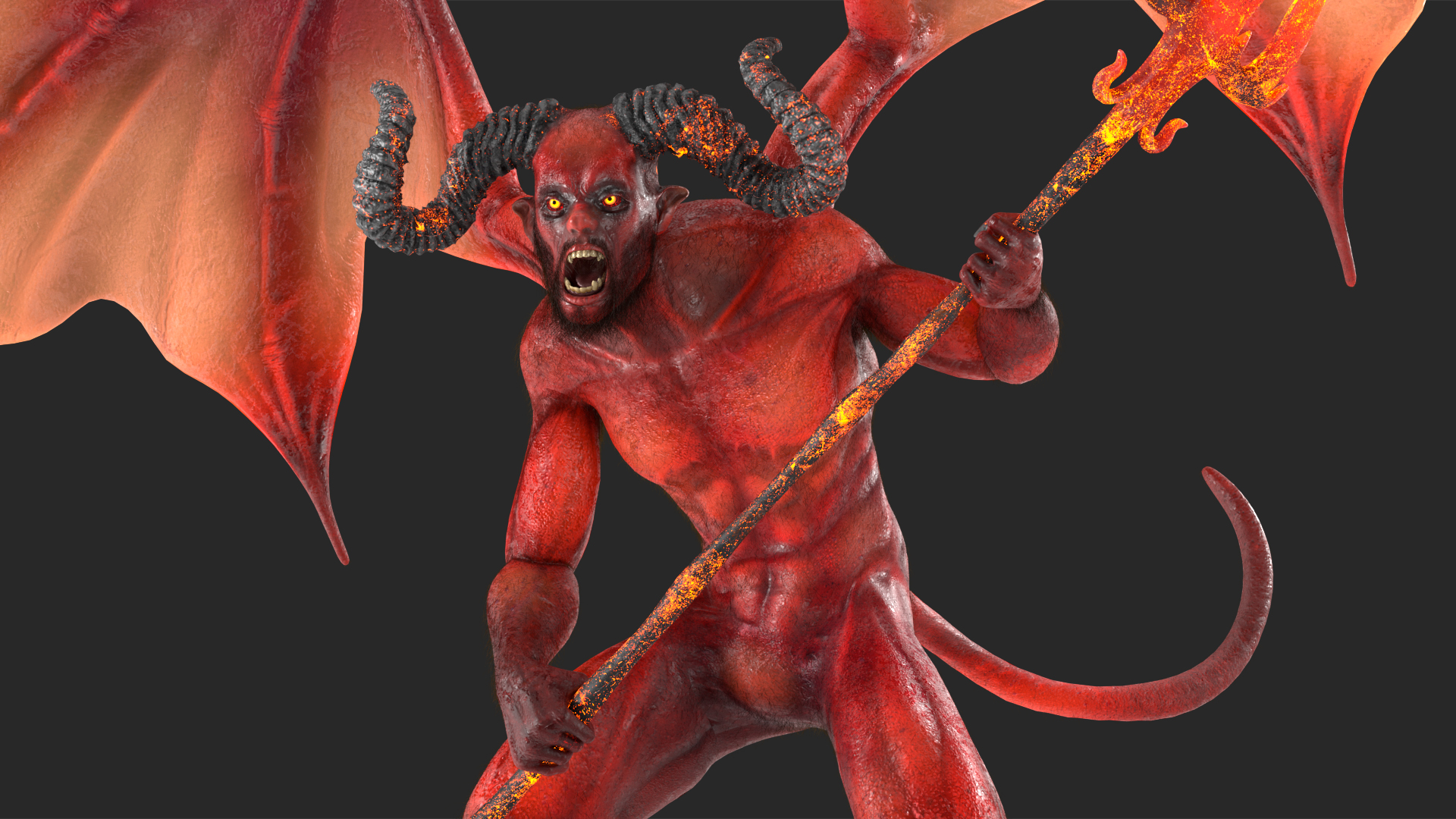 3D Devil Character with Trident Angry Pose Fur model