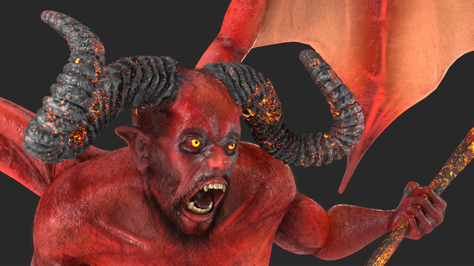 3D Devil Character with Trident Angry Pose Fur model