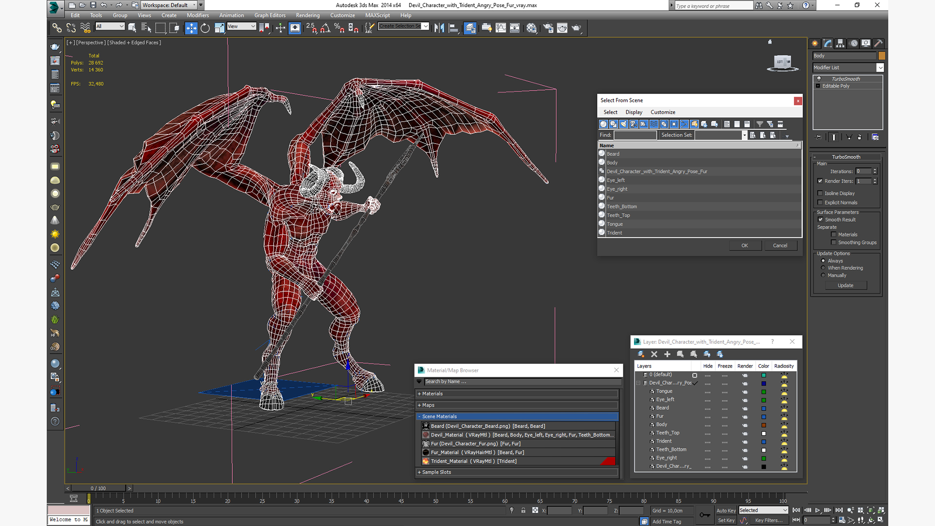 3D Devil Character with Trident Angry Pose Fur model