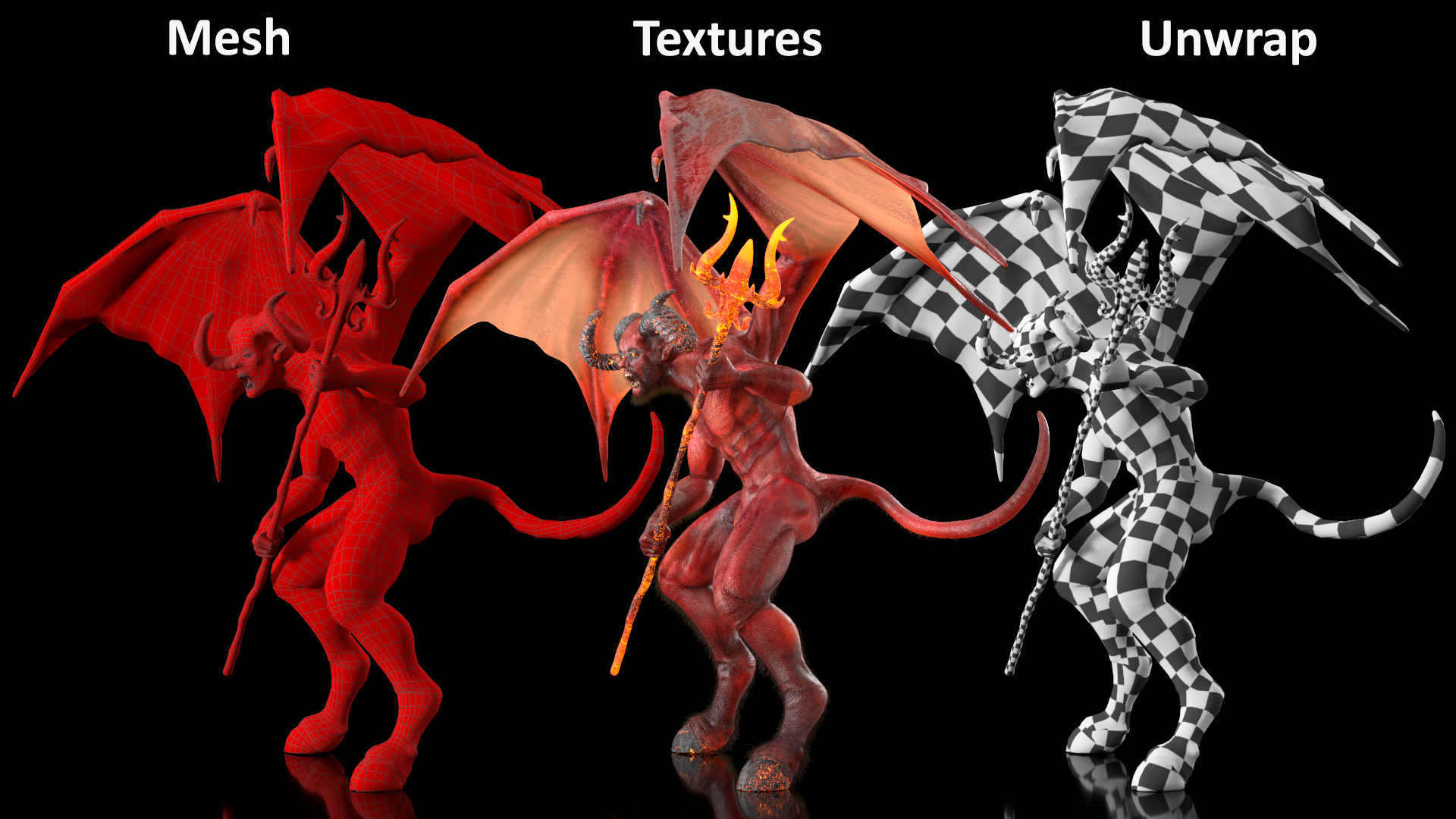 3D Devil Character with Trident Angry Pose Fur model