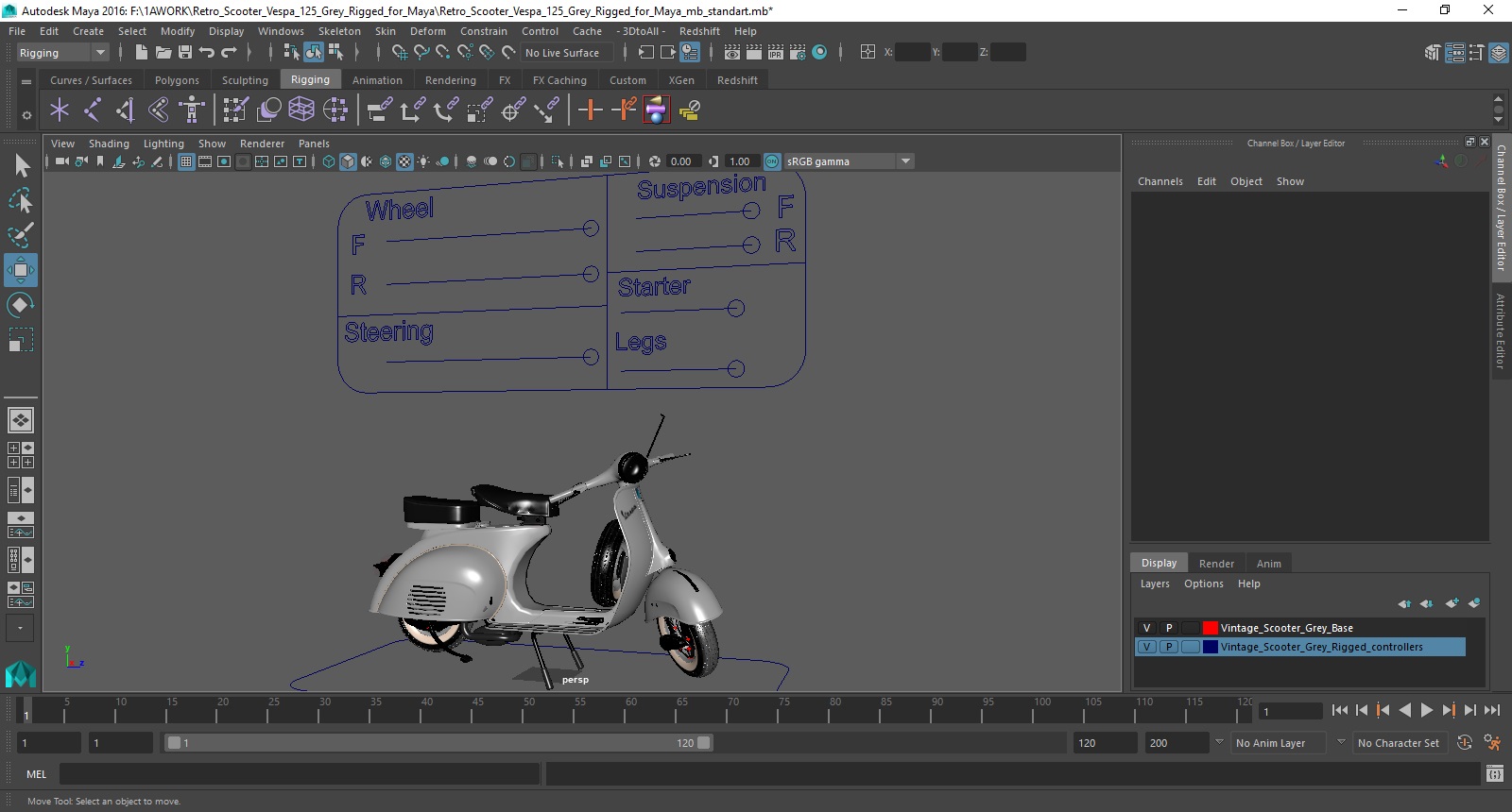 Retro Scooter Vespa 125 Grey Rigged for Maya 3D model
