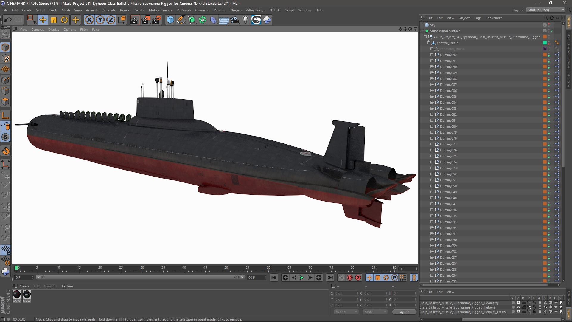 3D model Akula Project 941 Typhoon Class Ballistic Missile Submarine Rigged for Cinema 4D
