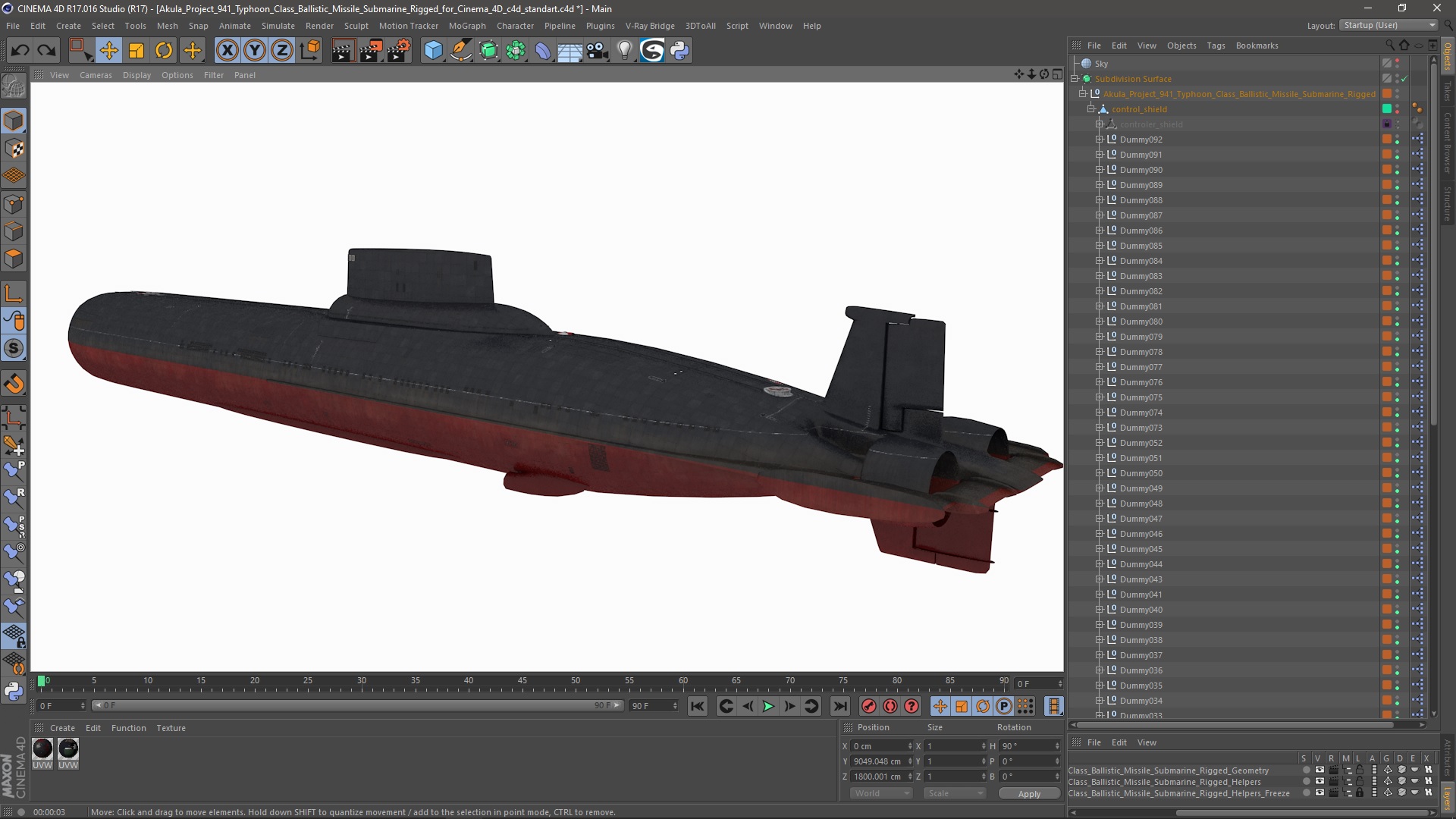 3D model Akula Project 941 Typhoon Class Ballistic Missile Submarine Rigged for Cinema 4D