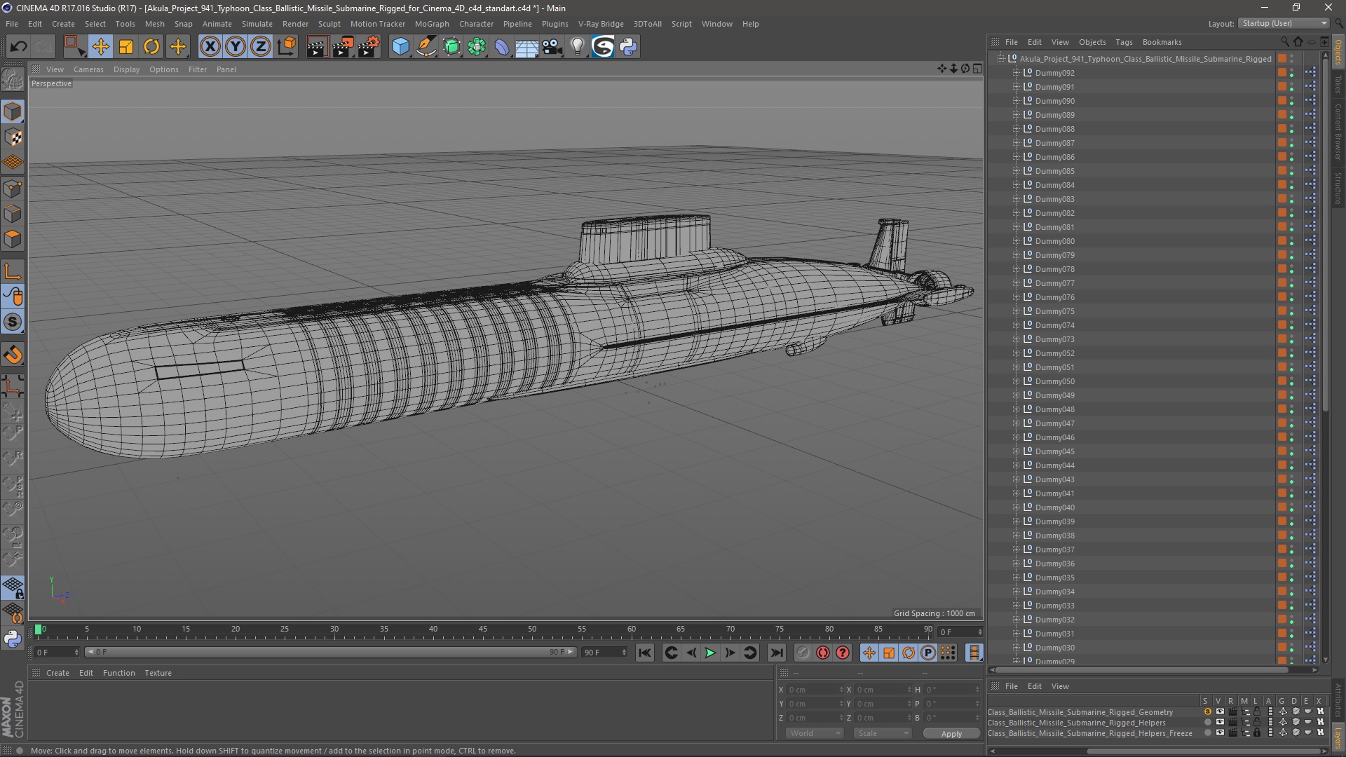3D model Akula Project 941 Typhoon Class Ballistic Missile Submarine Rigged for Cinema 4D