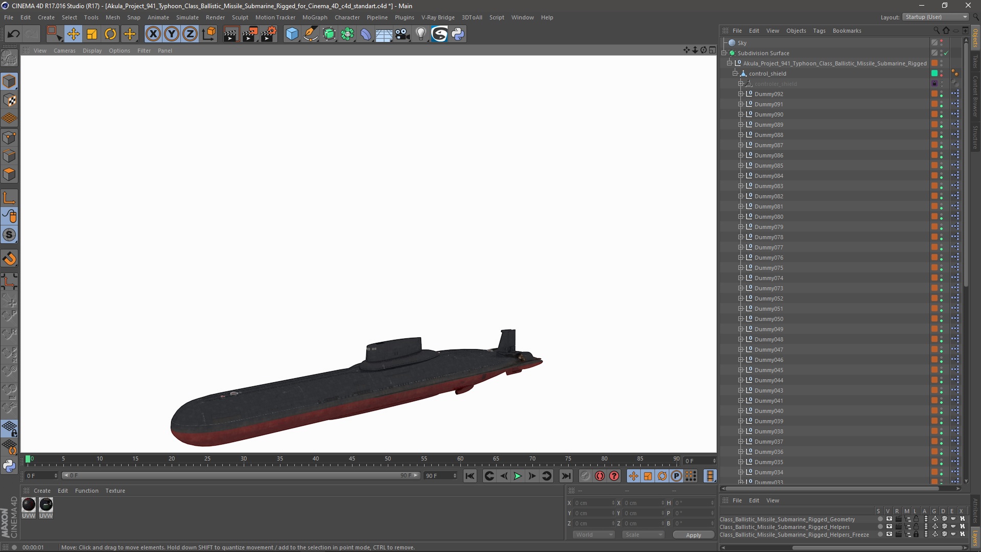 3D model Akula Project 941 Typhoon Class Ballistic Missile Submarine Rigged for Cinema 4D