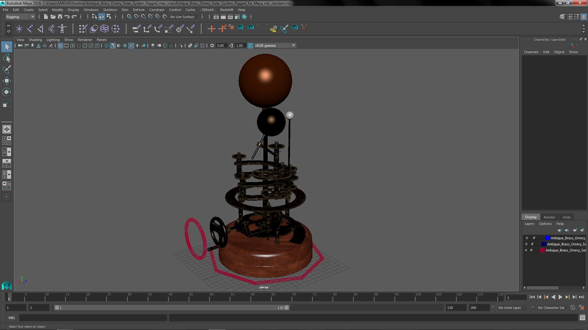 Antique Brass Orrery Solar System Rigged for Maya 3D model