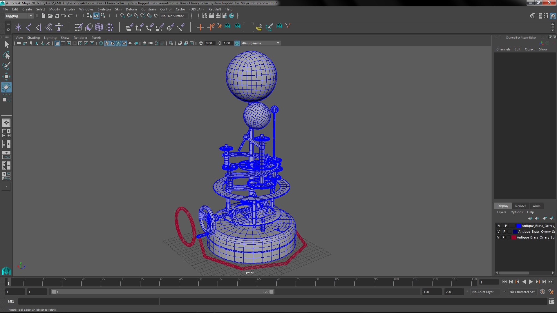 Antique Brass Orrery Solar System Rigged for Maya 3D model