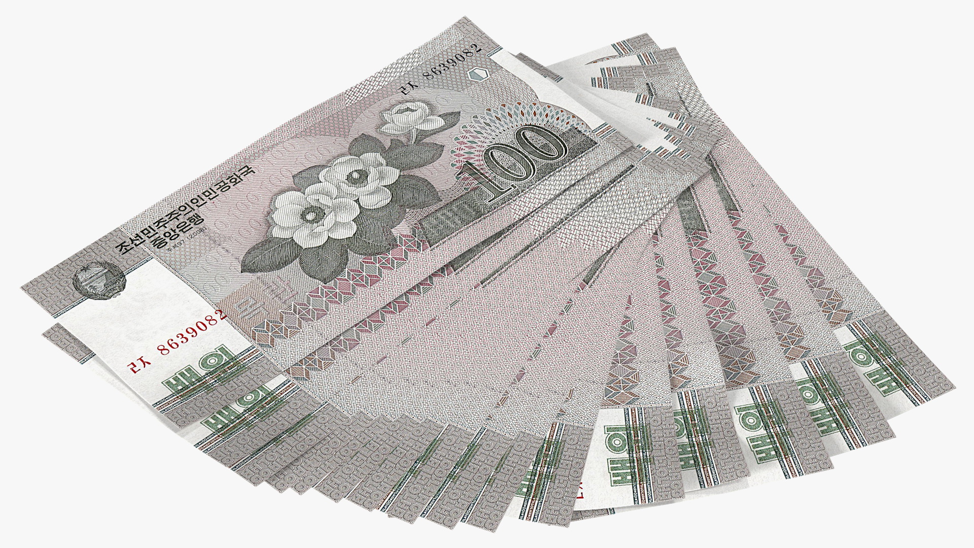 3D Fan of North Korea 100 Won Banknotes
