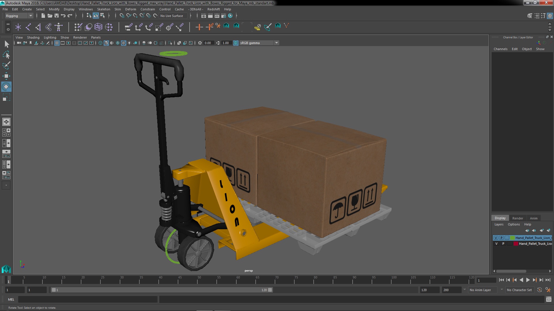 Hand Pallet Truck Lion with Boxes Rigged for Maya 3D model