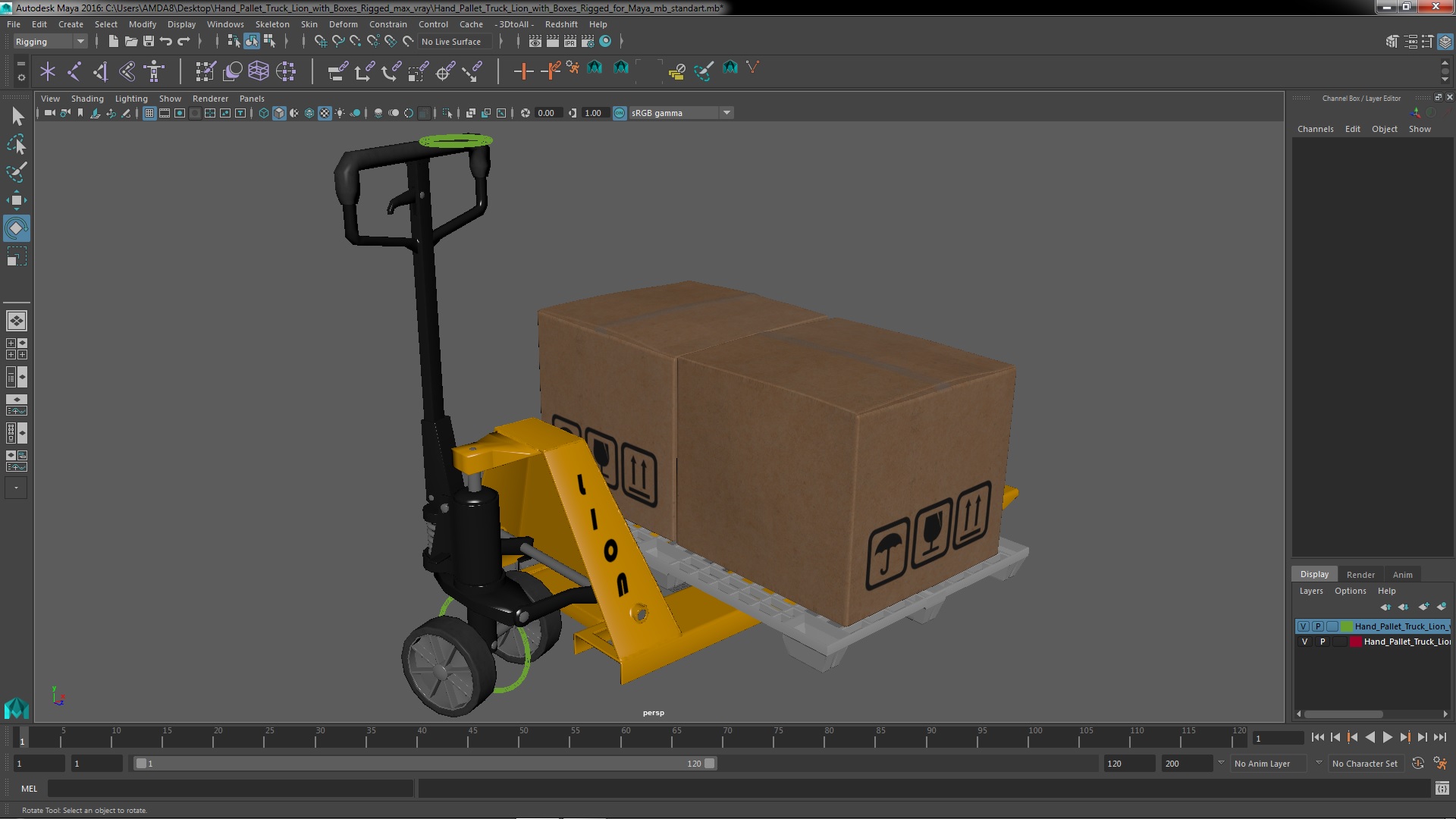 Hand Pallet Truck Lion with Boxes Rigged for Maya 3D model