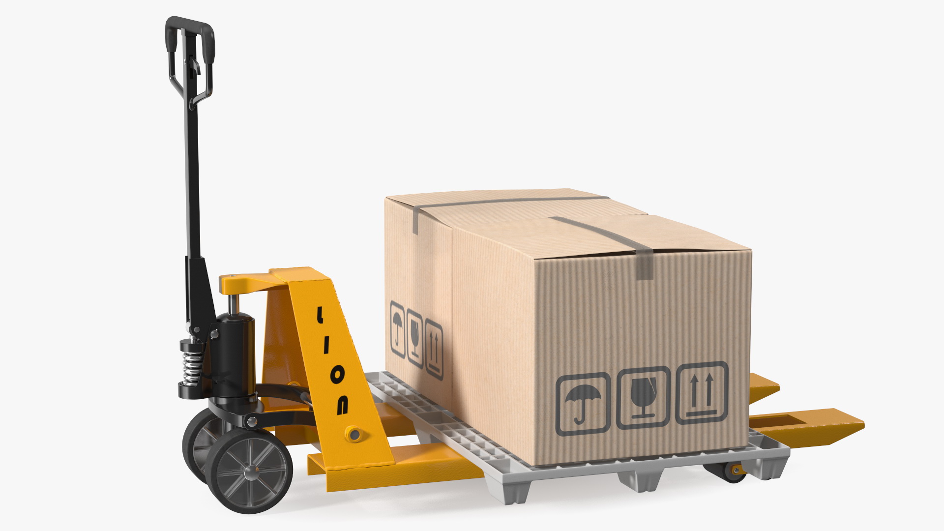Hand Pallet Truck Lion with Boxes Rigged for Maya 3D model