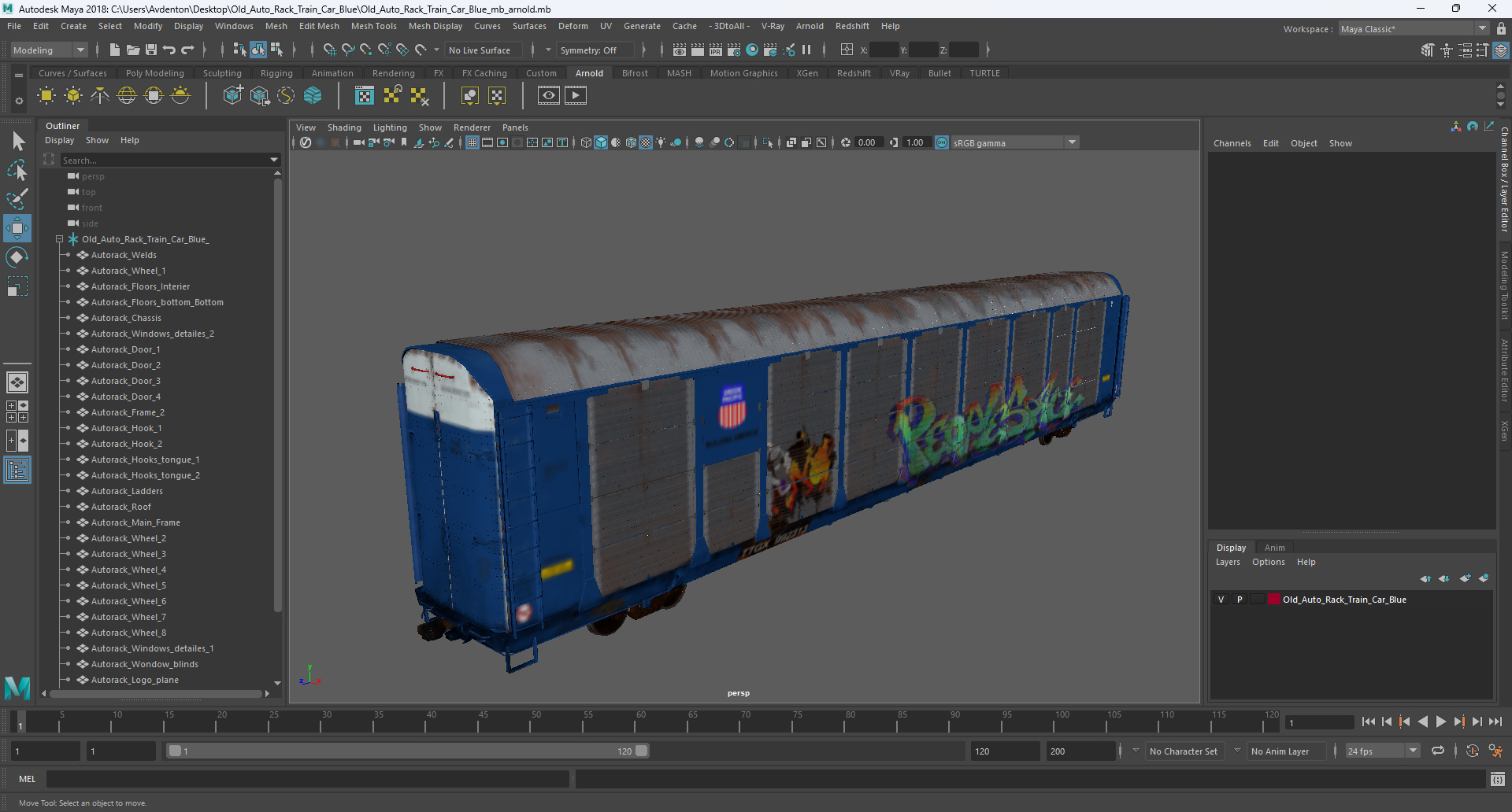 3D Old Auto Rack Train Car Blue model
