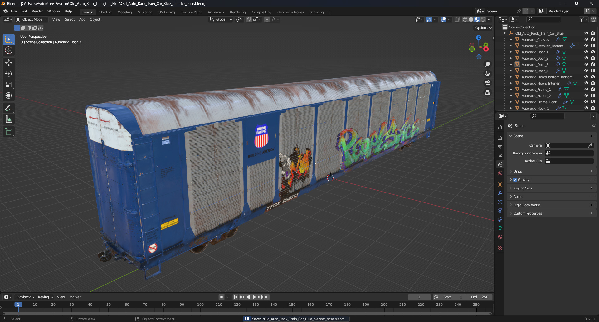 3D Old Auto Rack Train Car Blue model