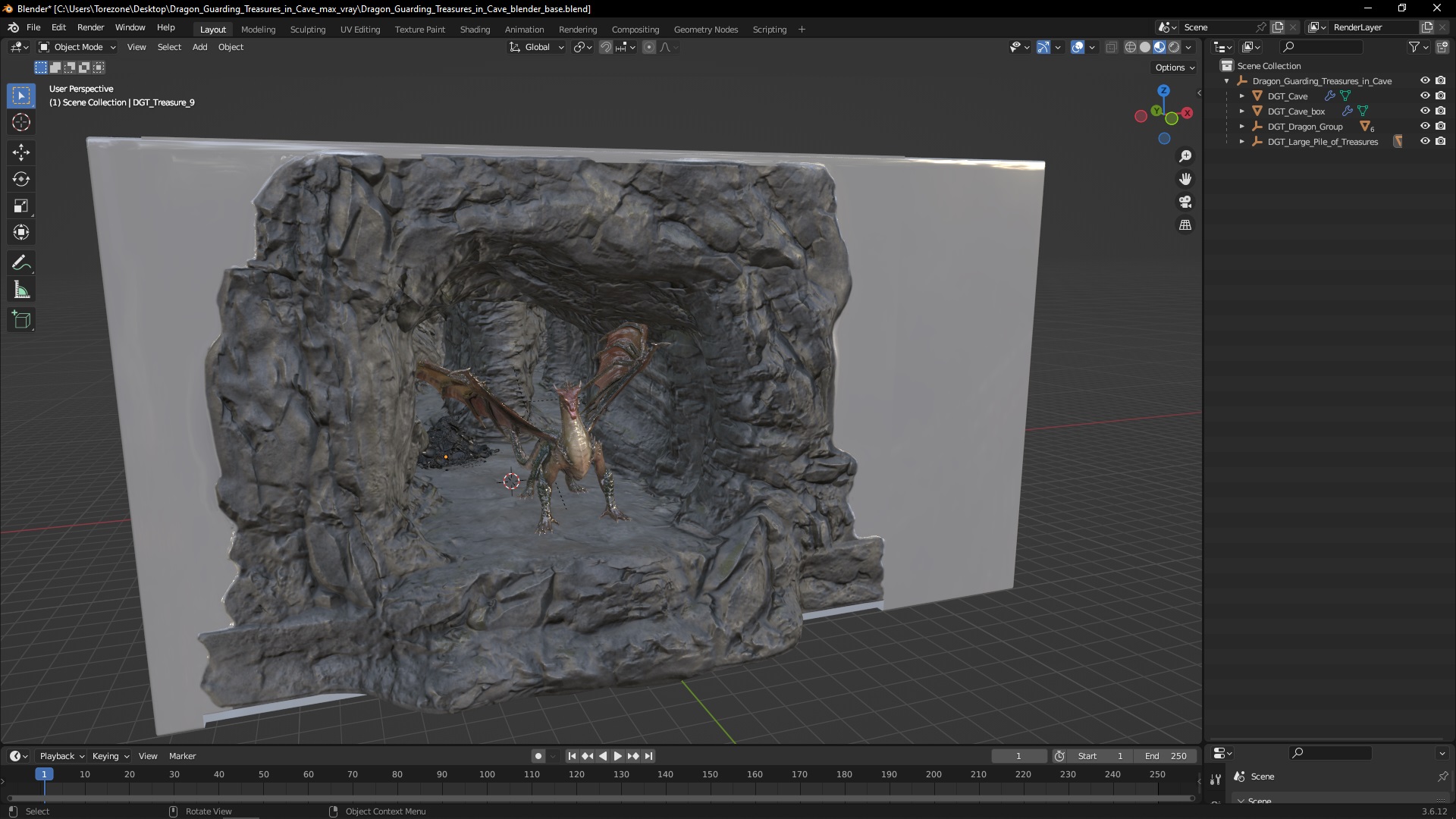 3D Dragon Guarding Treasures in Cave model