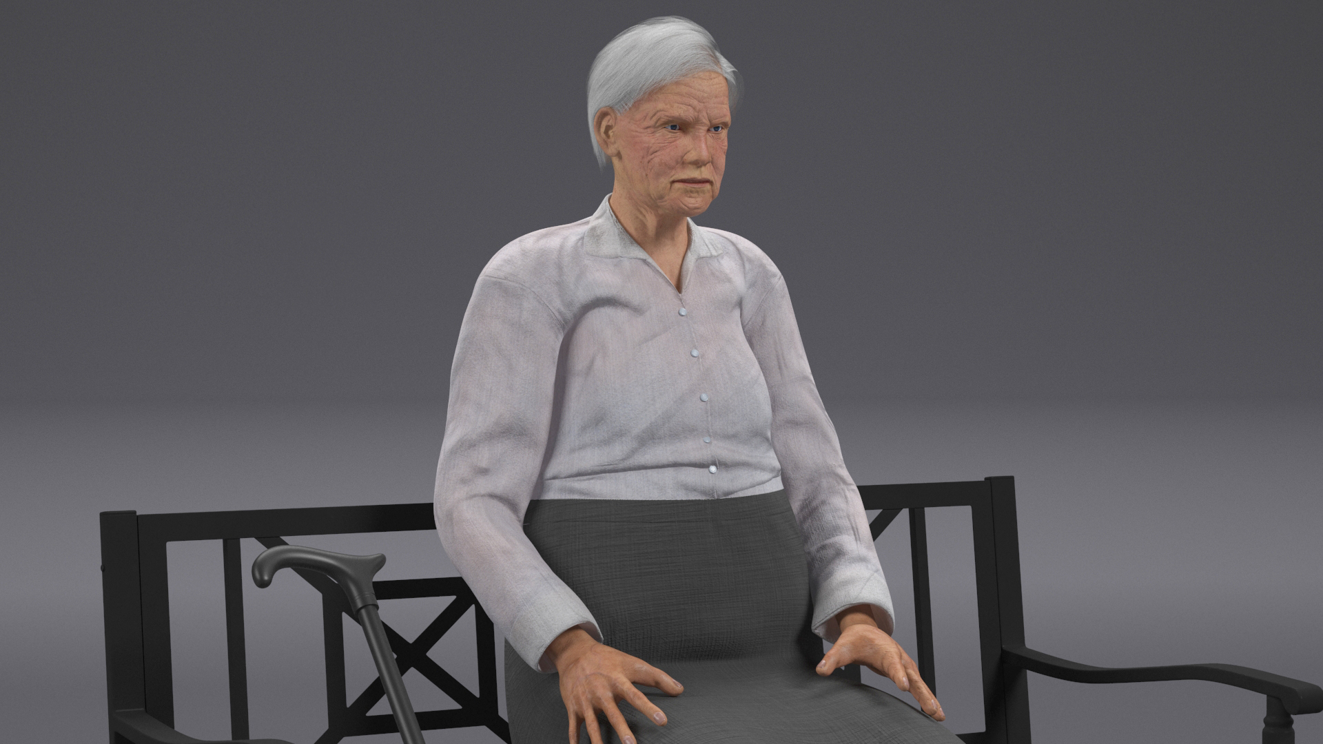 Elderly Woman Sitting on a Bench 3D