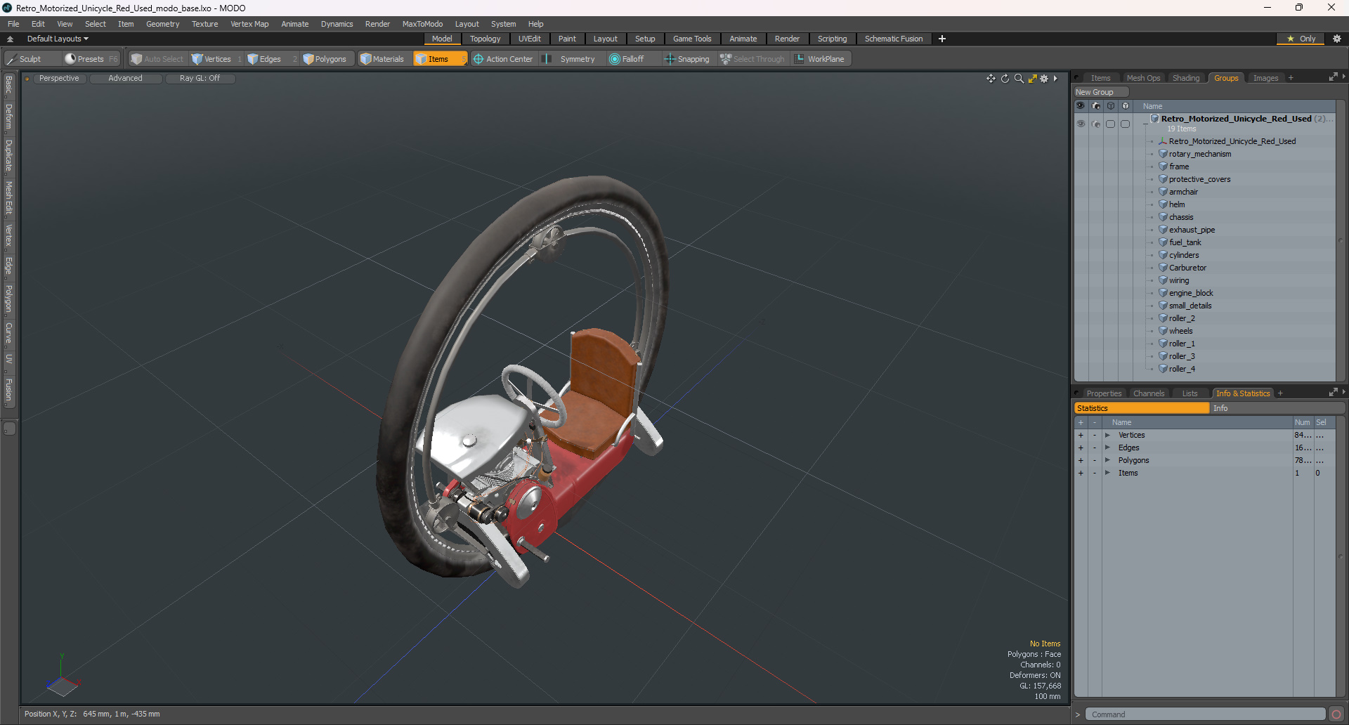 3D Retro Motorized Unicycle Red Used model