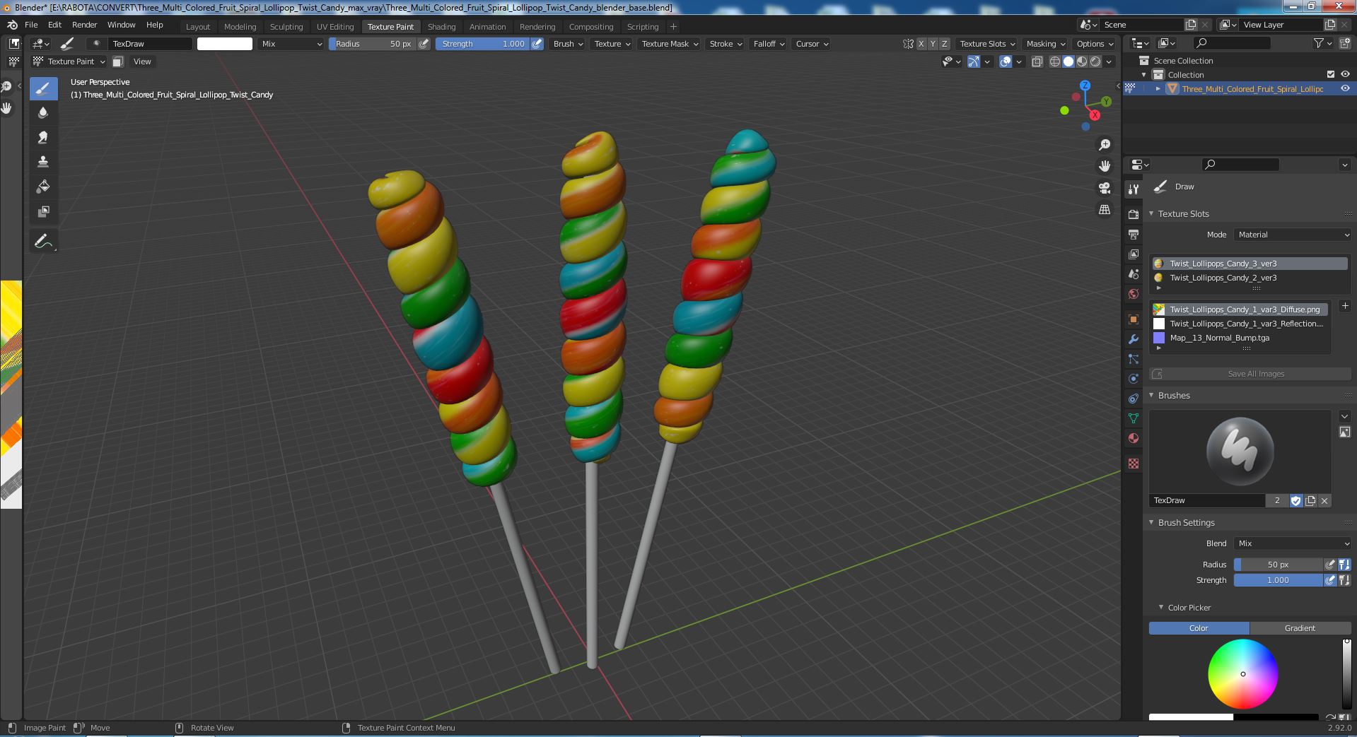 3D Three Multi Colored Fruit Spiral Lollipop Twist Candy model