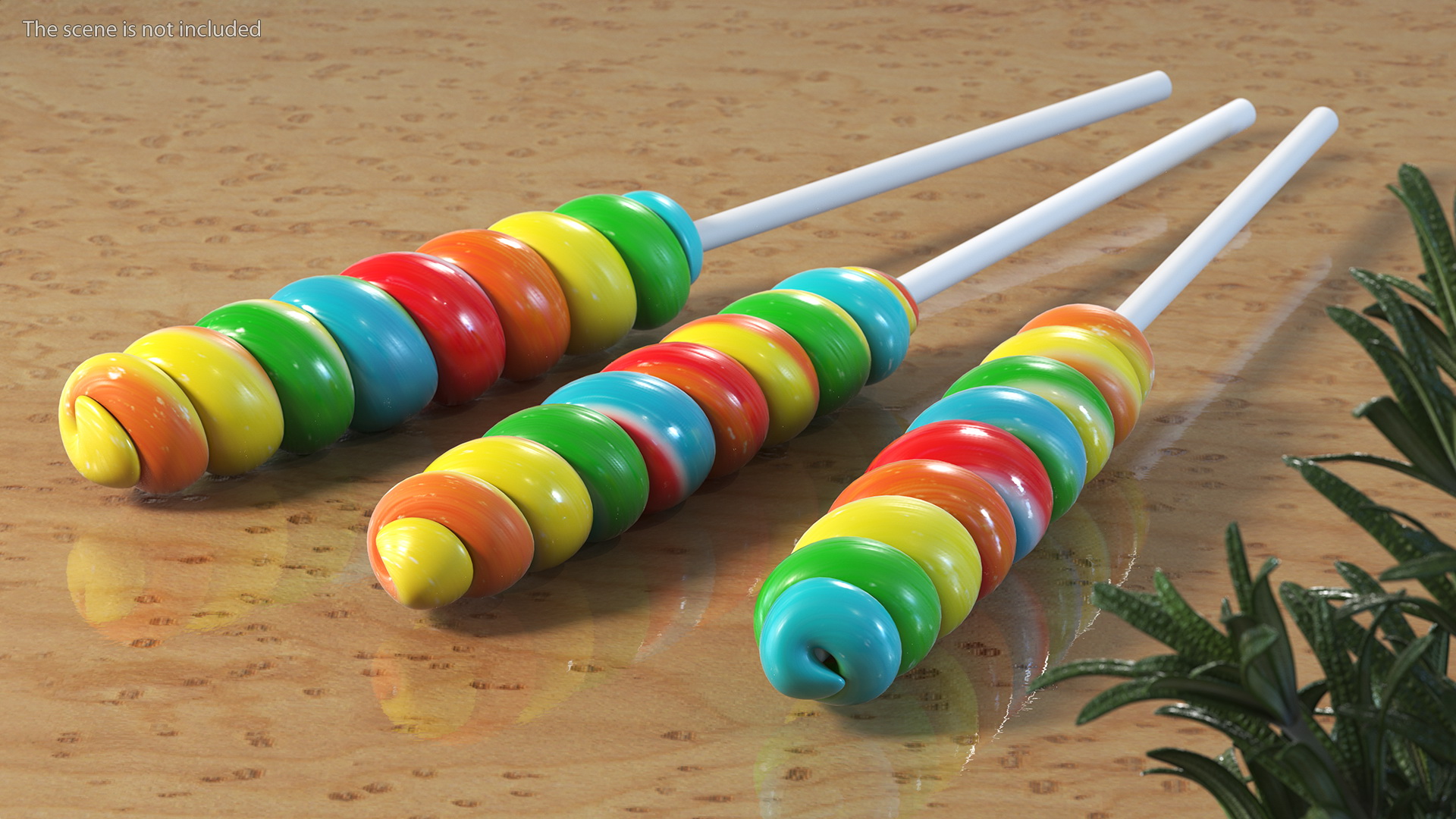 3D Three Multi Colored Fruit Spiral Lollipop Twist Candy model