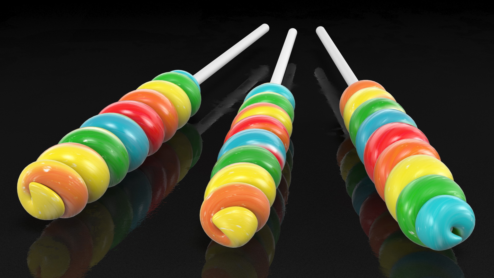 3D Three Multi Colored Fruit Spiral Lollipop Twist Candy model