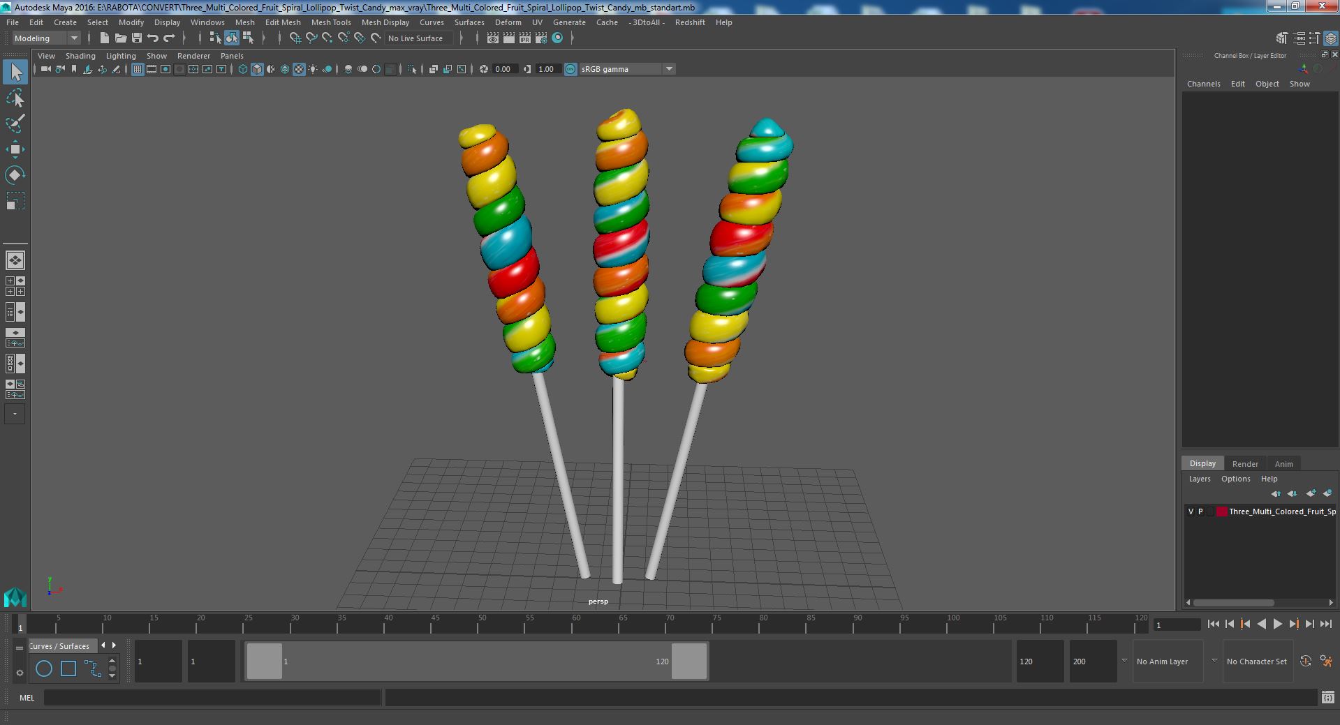3D Three Multi Colored Fruit Spiral Lollipop Twist Candy model
