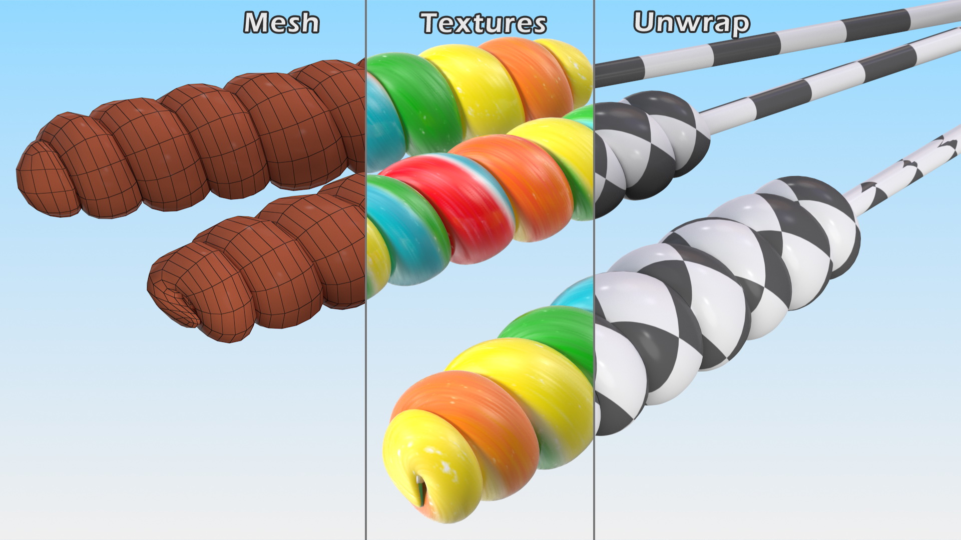 3D Three Multi Colored Fruit Spiral Lollipop Twist Candy model