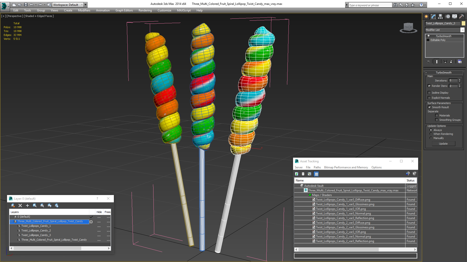3D Three Multi Colored Fruit Spiral Lollipop Twist Candy model