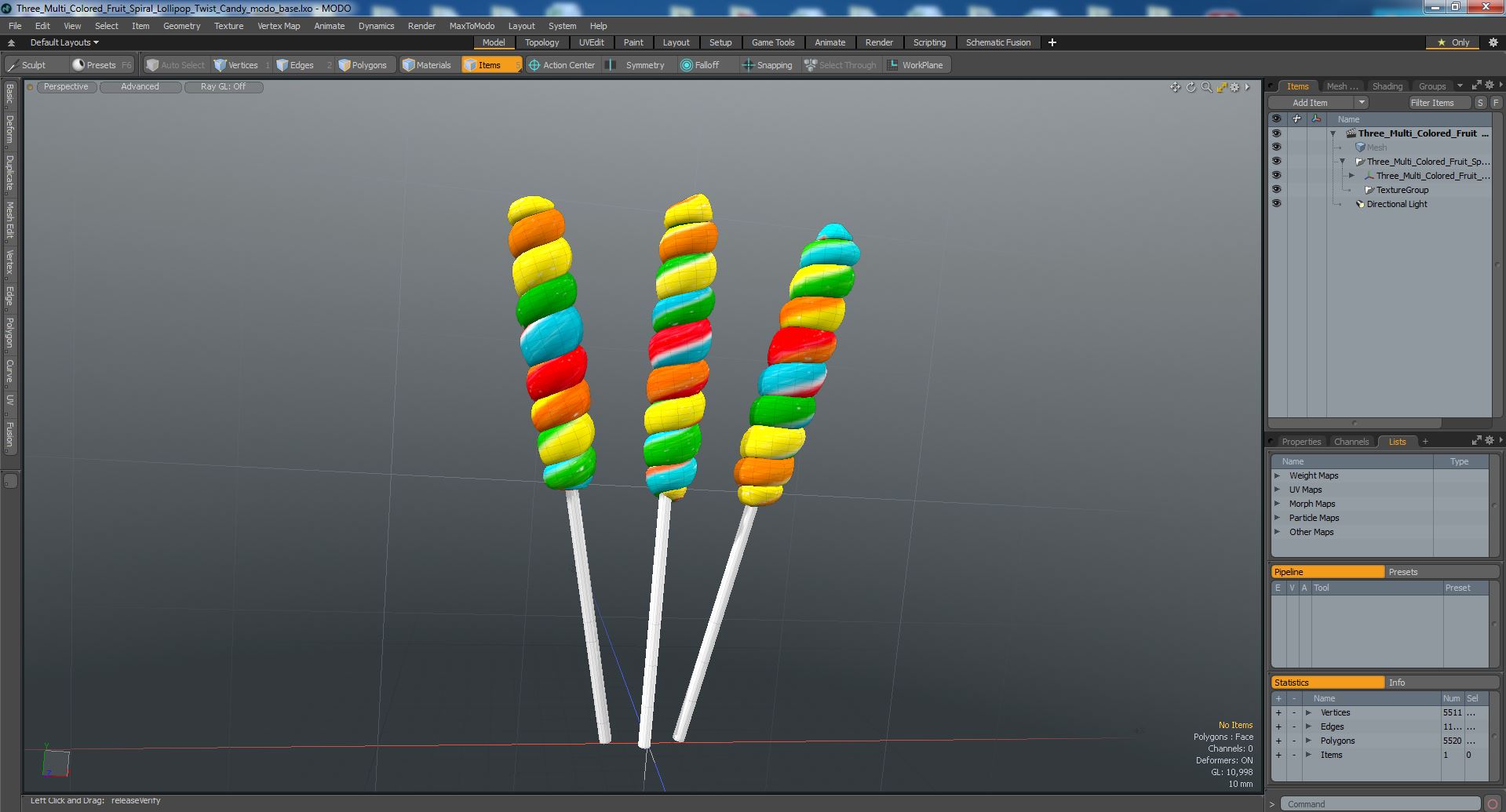 3D Three Multi Colored Fruit Spiral Lollipop Twist Candy model